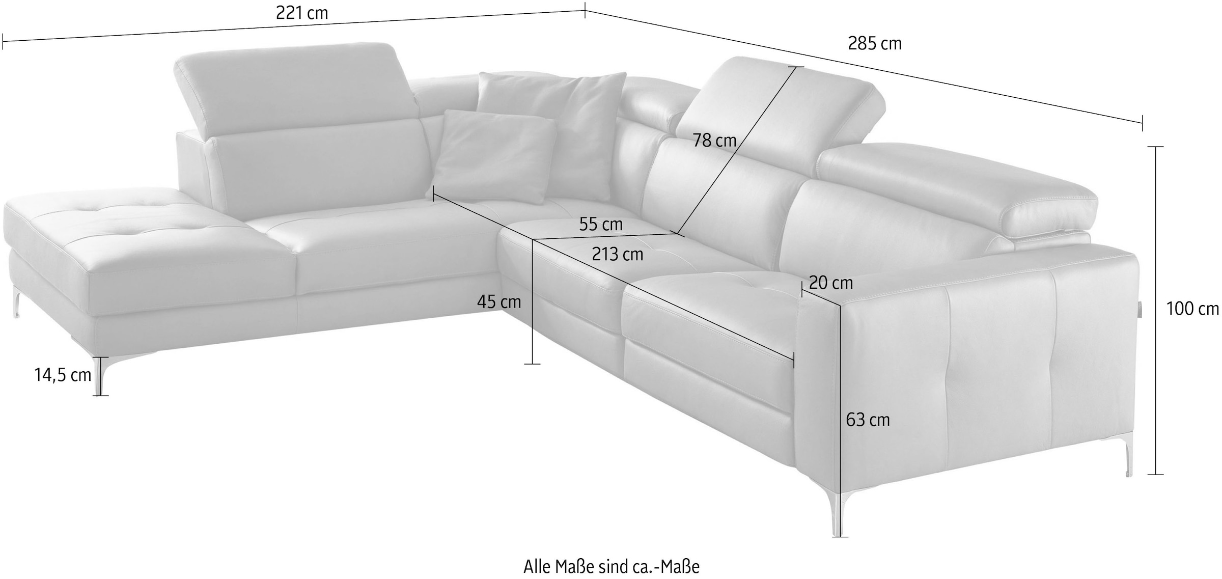 Egoitaliano Ecksofa »Matt, hoher Sitzkomfort und aufwendige Detailverarbeitung, L-Form«, mit Ottomane, inkl. verstellbarer Kopfteile zum Relaxen