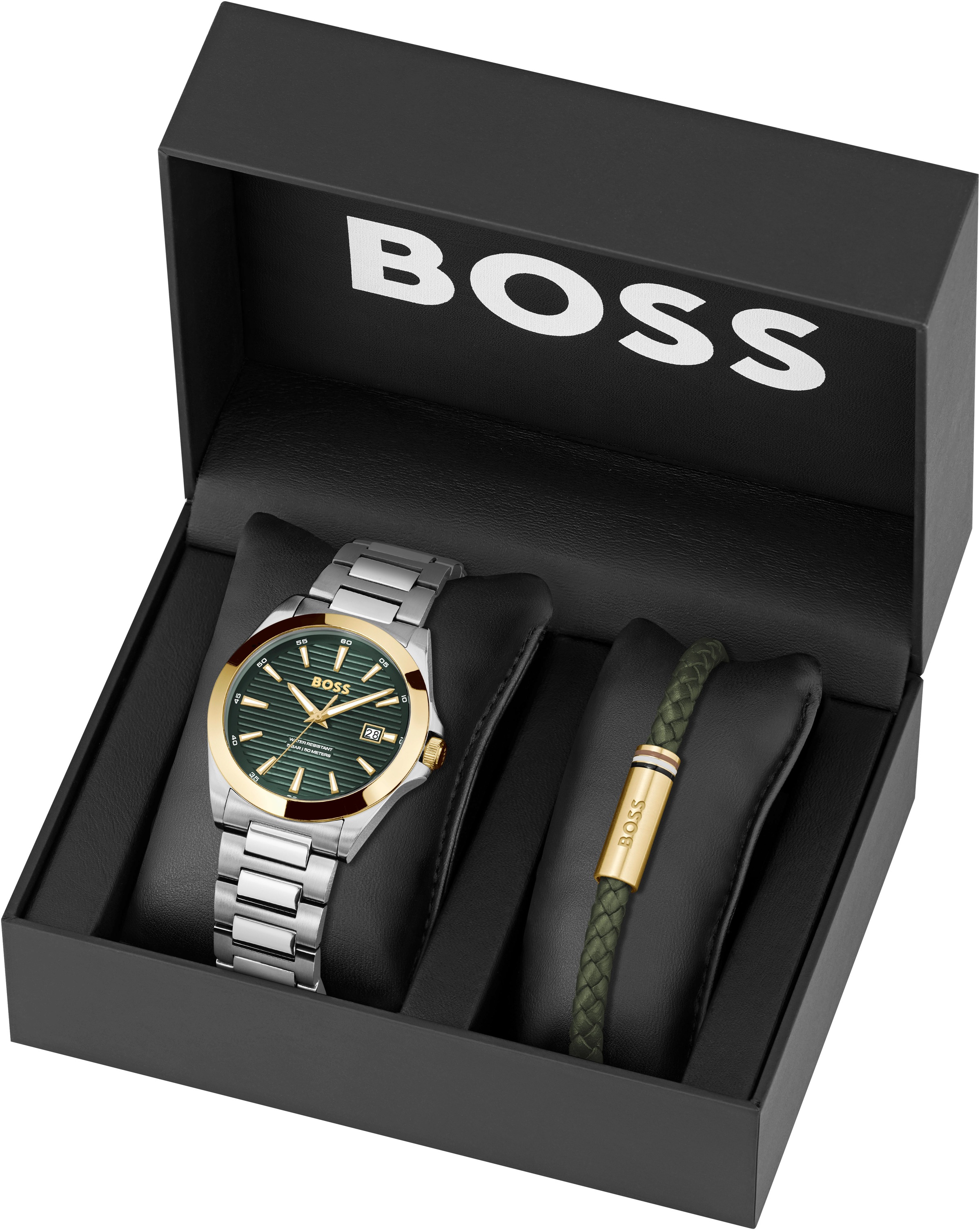 BOSS Quarzuhr »STRIKE«, (Set, 2 tlg., mit Lederarmband), Armbanduhr, Herrenuhr, Edelstahlarmband, ideal auch als Geschenk