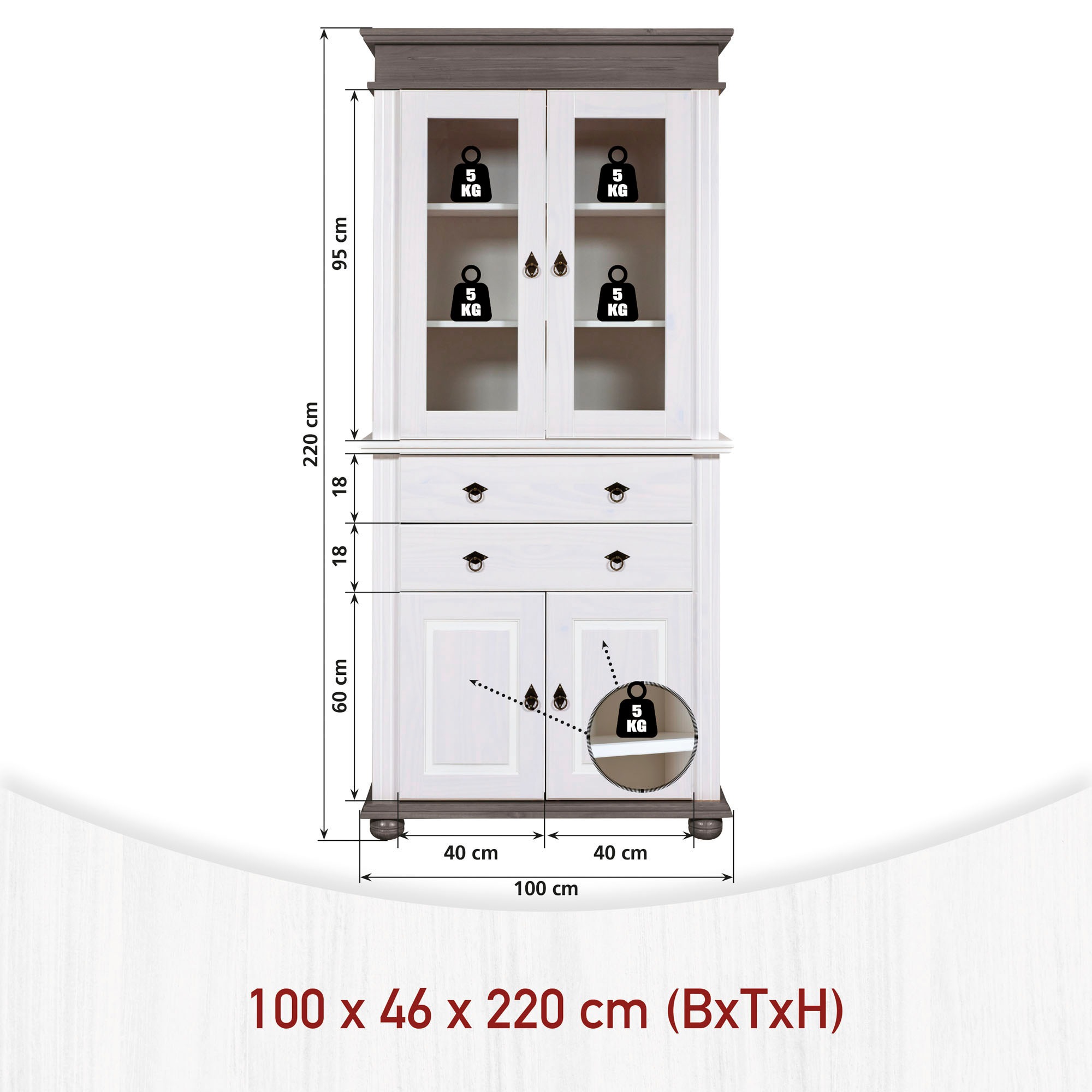 Inter Link Vitrine »Halmaro, Kiefer Massivholz, Weiss/Grau-Lava, 101 x 46,30 x 220 cm« 1 Stk. tlg. Buffet im Laudhausstil, Küchenschrank mit Glastüren, viel Stauraum