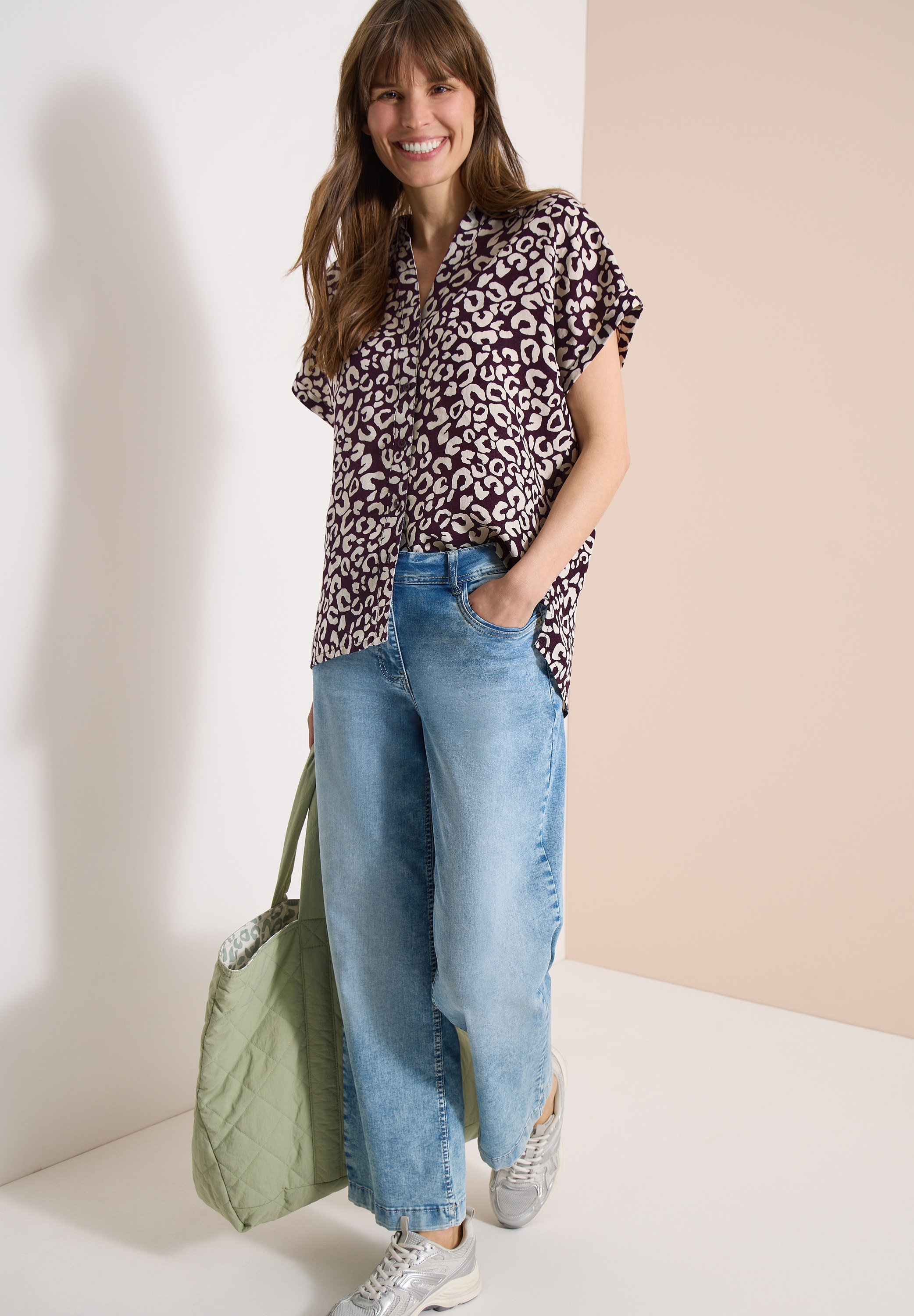 Cecil Druckbluse Sommerbluse mit Leo-Print aus Leinenmix