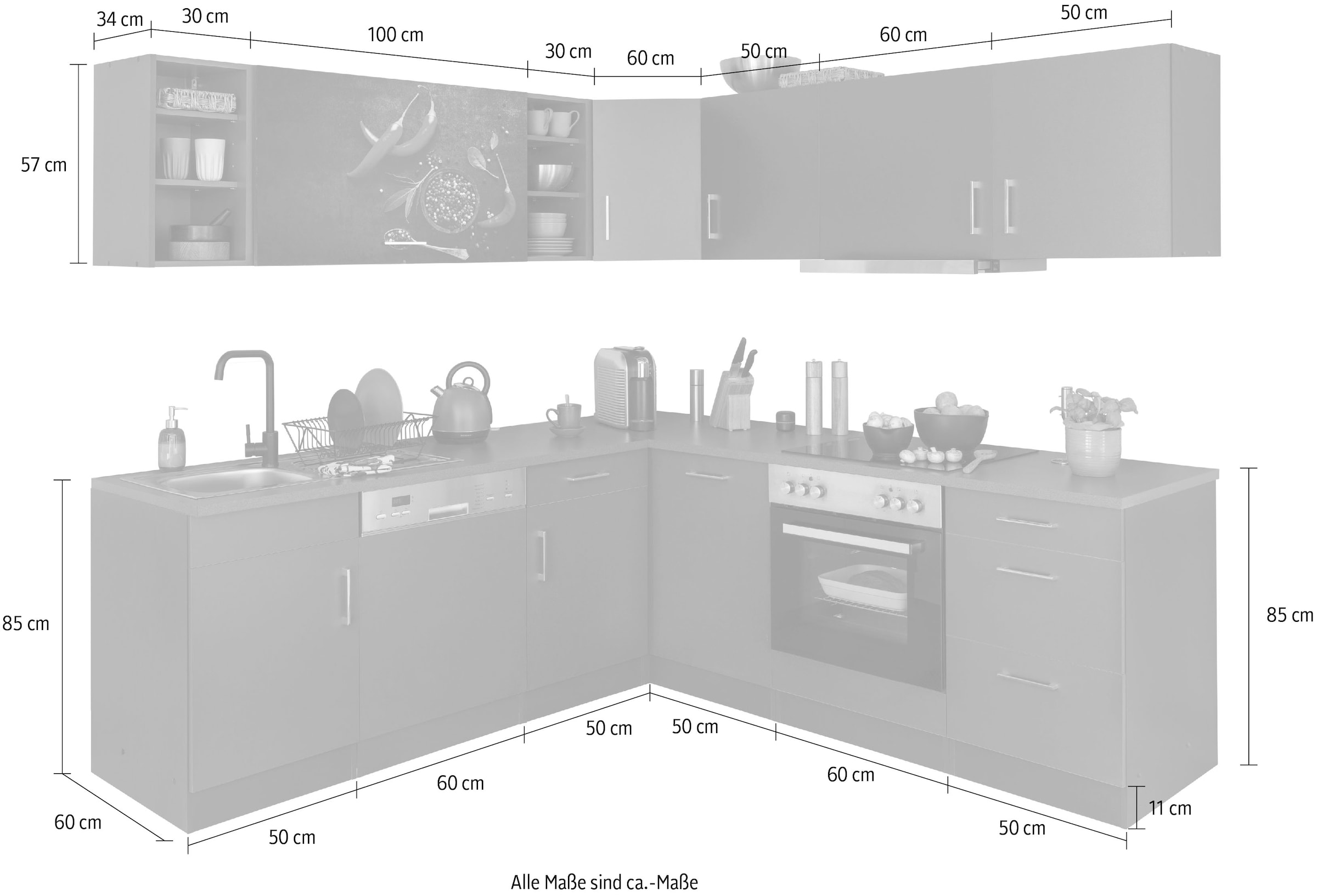 HELD MÖBEL Winkelküche »Paris«, mit E-Geräten, Stellbreite 220/220 cm