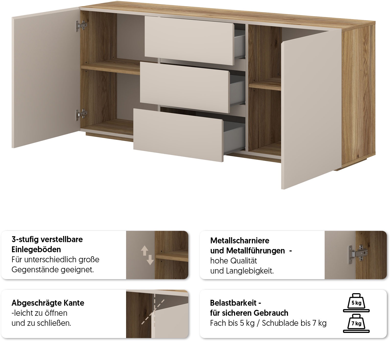 Thumbnail - OTTO home Sideboard "Criss, Breite 150 cm, moderne grifflose Kommode 2Türen/3SK" Schubladenkommode mit viel Stauraum, Ei...