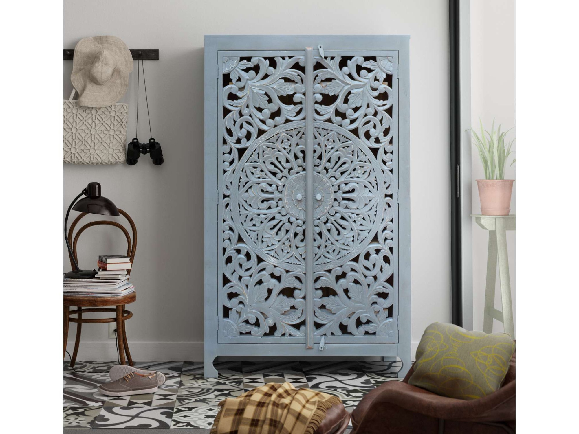 Home affaire Stauraumschrank "Kenmare" Mangoholz, dekorative Schnitzereien, günstig online kaufen