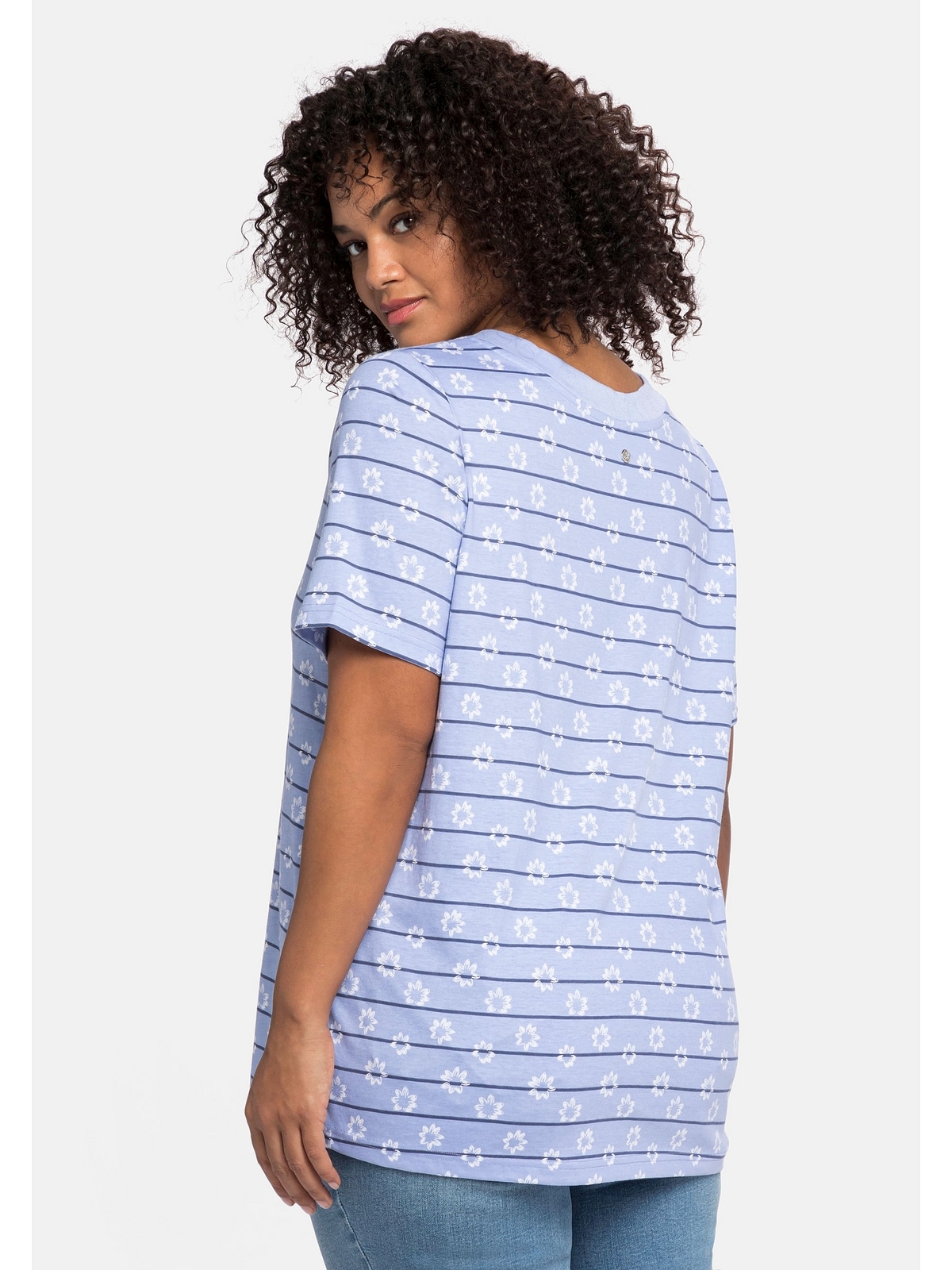Sheego T-Shirt »Große Größen«, mit Streifen, Blumendruck und V-Ausschnitt  bestellen | BAUR