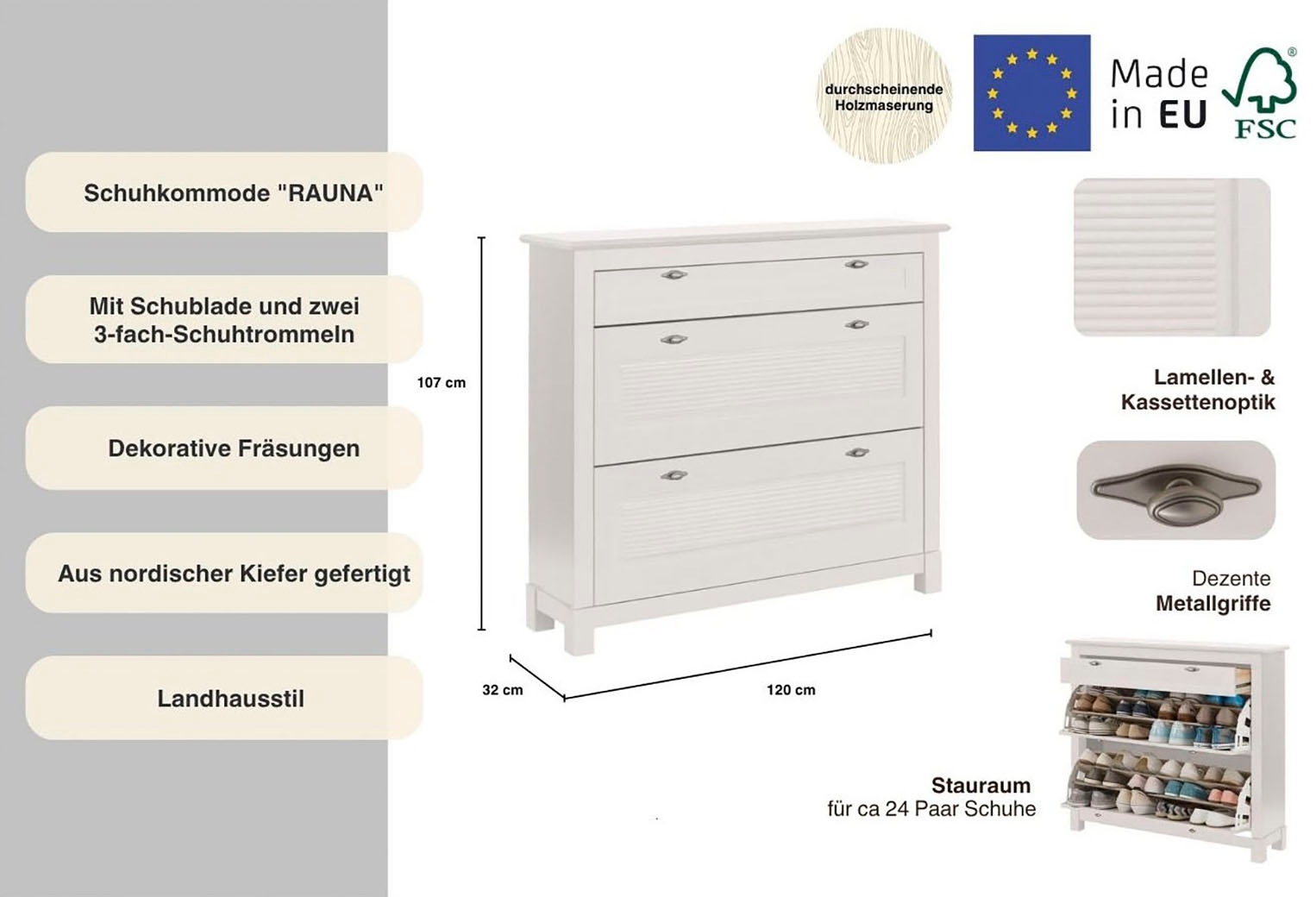 Thumbnail - OTTO home Schuhkommode "Rauna Schuhkipper, Schuhschrank" Breite 120 cm, Kiefer massiv, FSC, 3-Fachschuhtrommel, ca. 24 P...