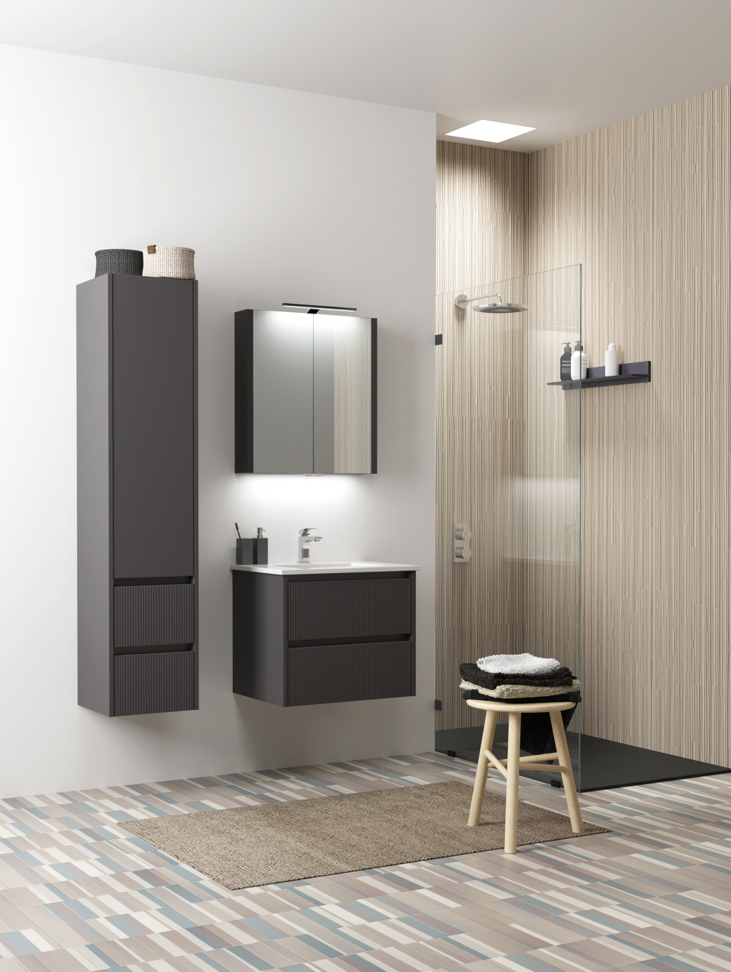 welltime Hochschrank »Urban«, Schubladen mit Softclose, Glaseinlegeböden, Schubladenfront geriffelt