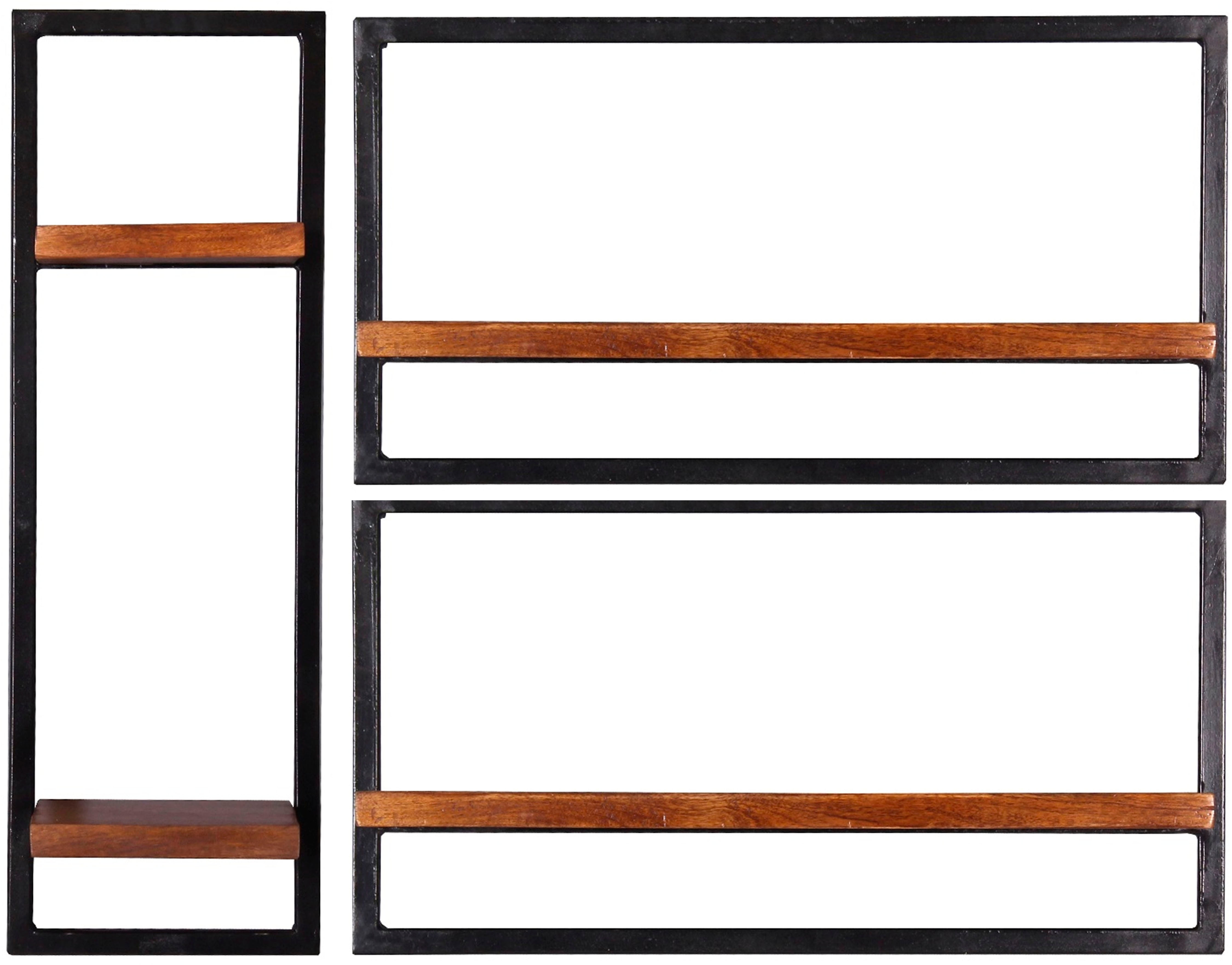 SIT Wandregal "Agra Wandregal-Set 3-teilig aus Mangoholz mit Altmetall" Set, 1 hohes & 2 extra breite Wandregale für flexible Gestaltung