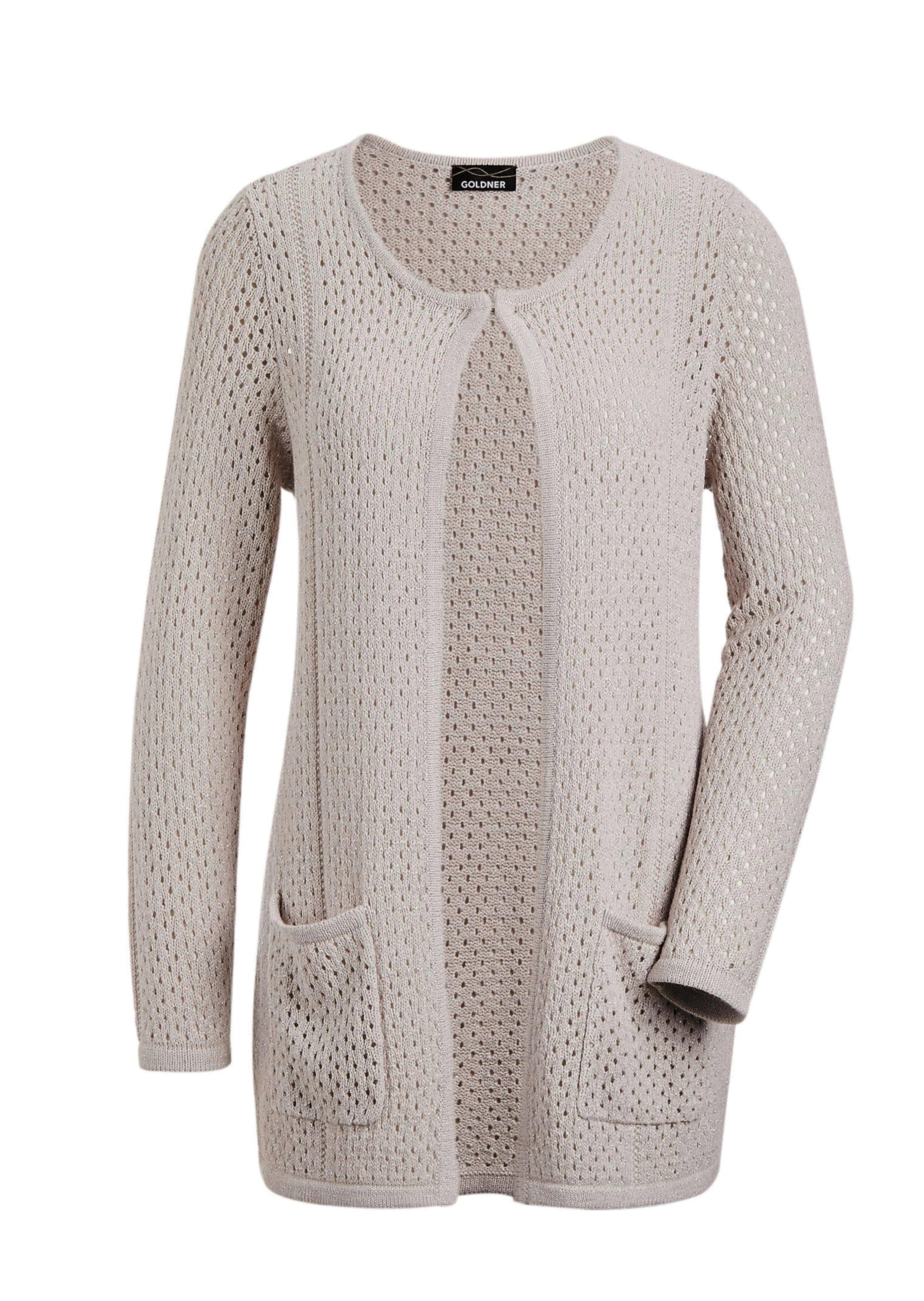 GOLDNER Damen Kurzjacke "Brauner Cardigan mit Lochmuster, Langarm", beige, Gr. 38, Obermaterial: 53% Polyacryl PAN. 24% Polyamid PA. 18% Baumwolle