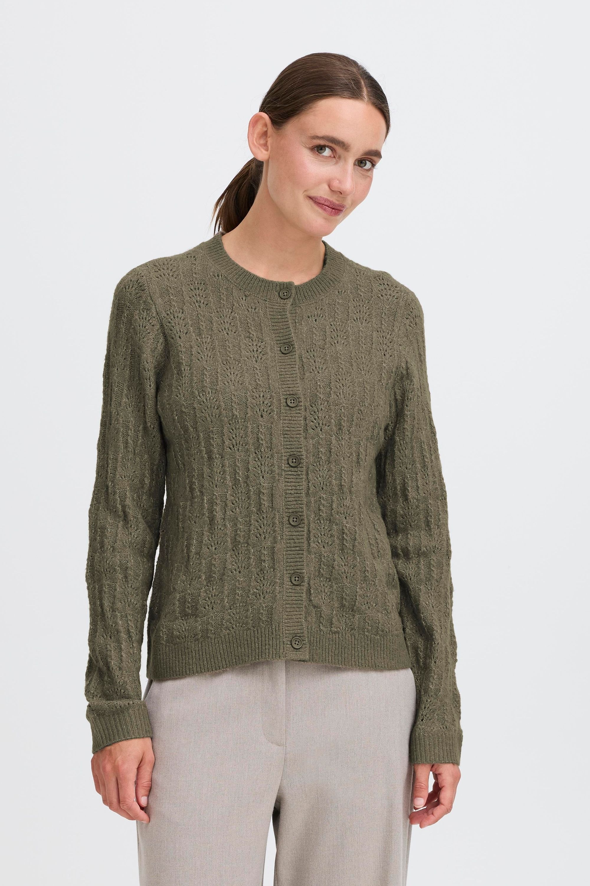Strickjacke OXMO "Strickjacke OXFSINVA", Damen, Gr. XL, grün (smokey olive melange), Obermaterial: 76% Polyacryl PAN. 21% Polyester PES. 3% Elasthan EL., Strickjacken Strickjacke 2