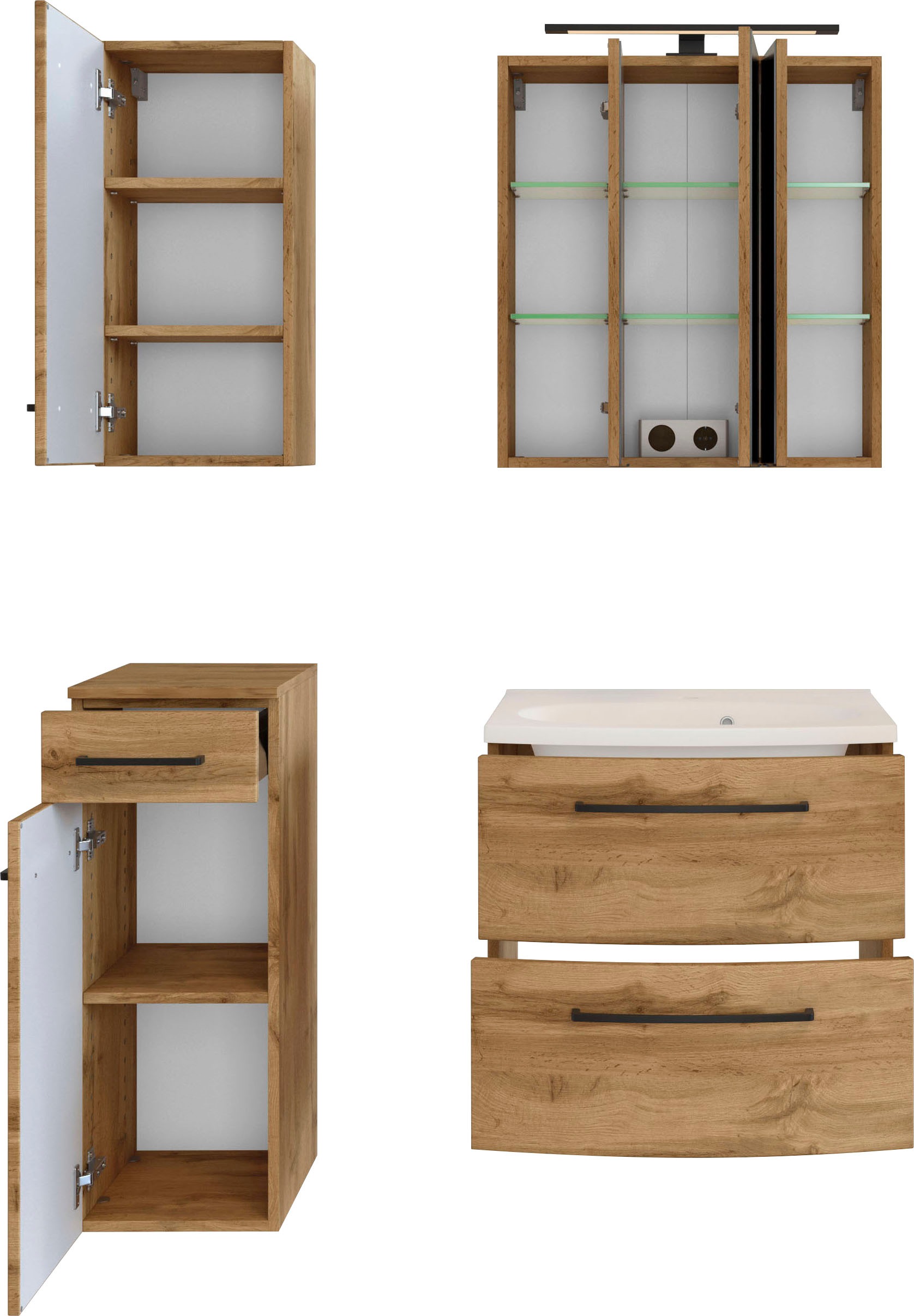 welltime Badmöbel-Set »Chicago«, (4 St., Spiegelschrank, Waschtisch, Hängeschrank, Unterschrank)