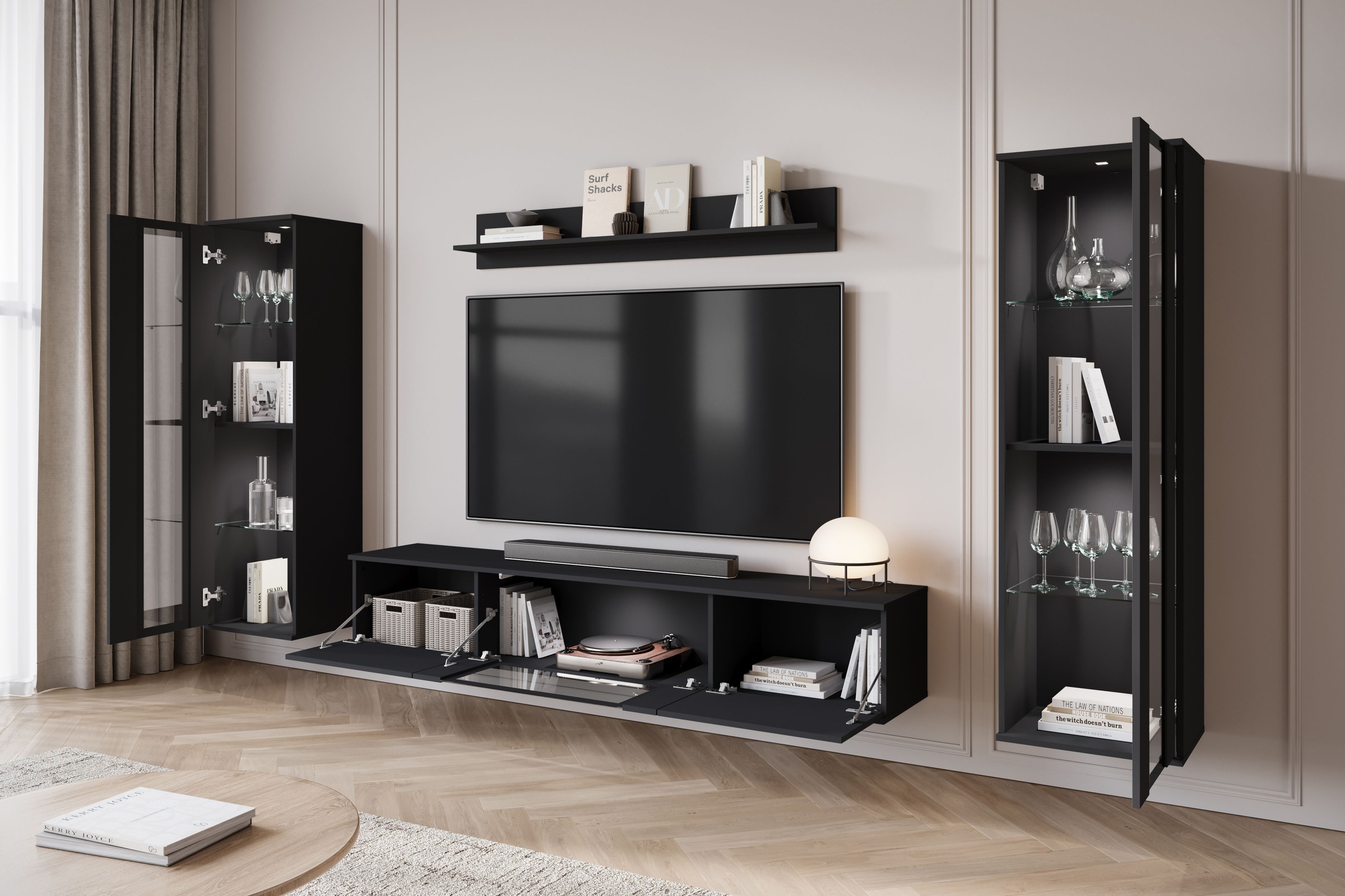 INOSIGN Wohnwand »Caro, stehend und hängend montierbar«, (Komplett-Set, 4 St., Vitrine Türanschlag links/rechts wechselbar), grifflose Design, höhenverstellbare Einlegeböden