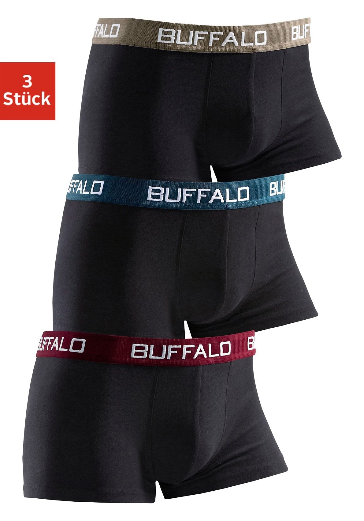 Buffalo Boxer "Boxershorts für Herren", (Packung, 3 St.), für Jungen mit kontrastfarbenem Bündchen