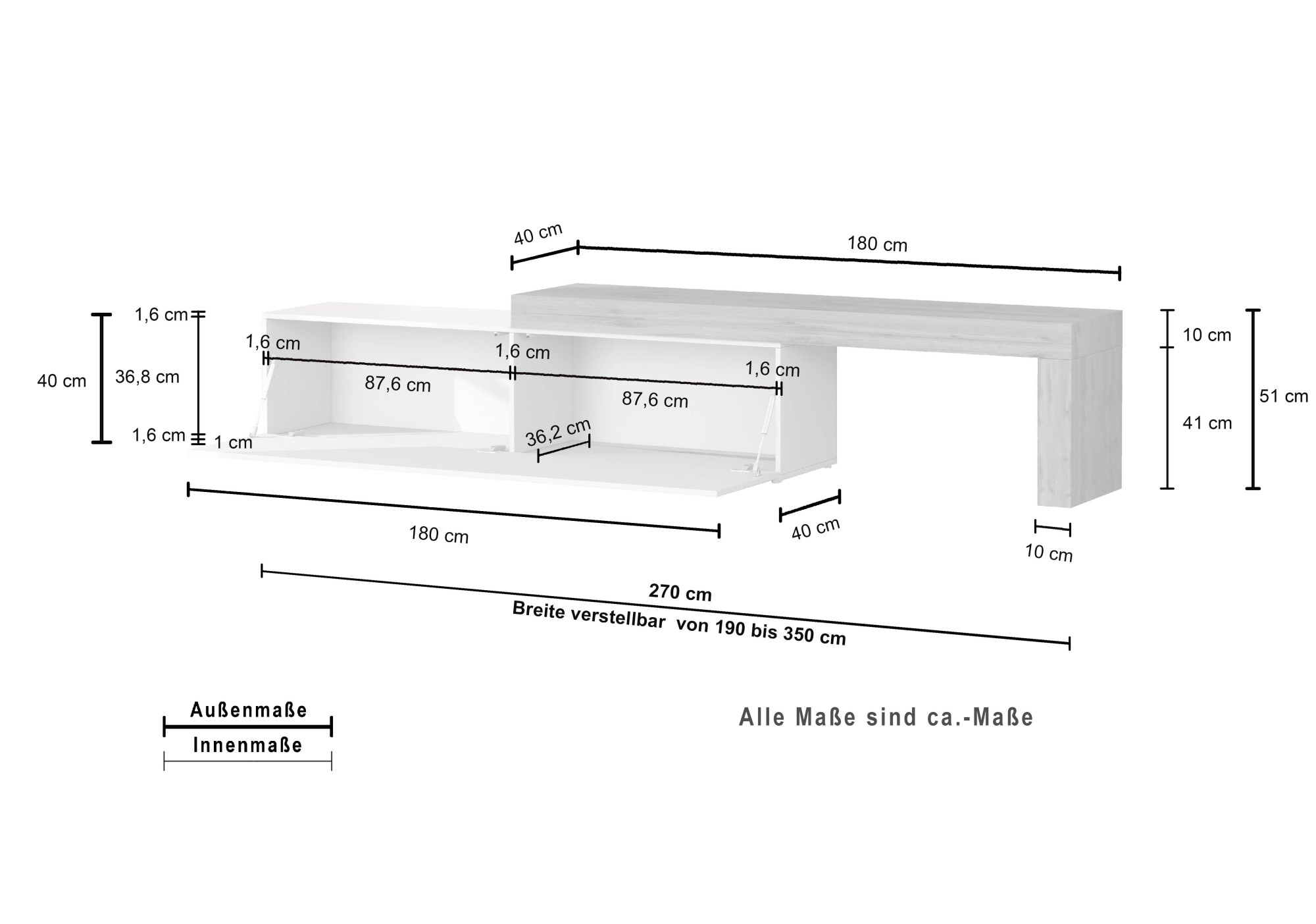 INOSIGN TV-Board »Chronos TV-Board, Lowboard«, (1 St., Breite verstellbar von 190 bis 350 cm), Breite 270 cm TV-Board,Lowboard,1 Klappe und ein L-Förmiger Aufsatz