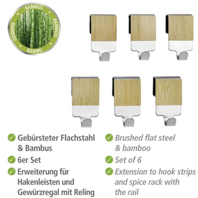 WENKO Zierhaken »Premium«, (Set, 6 St.), hochwertiger Edelstahl mit  Bambus-Applikation kaufen | BAUR