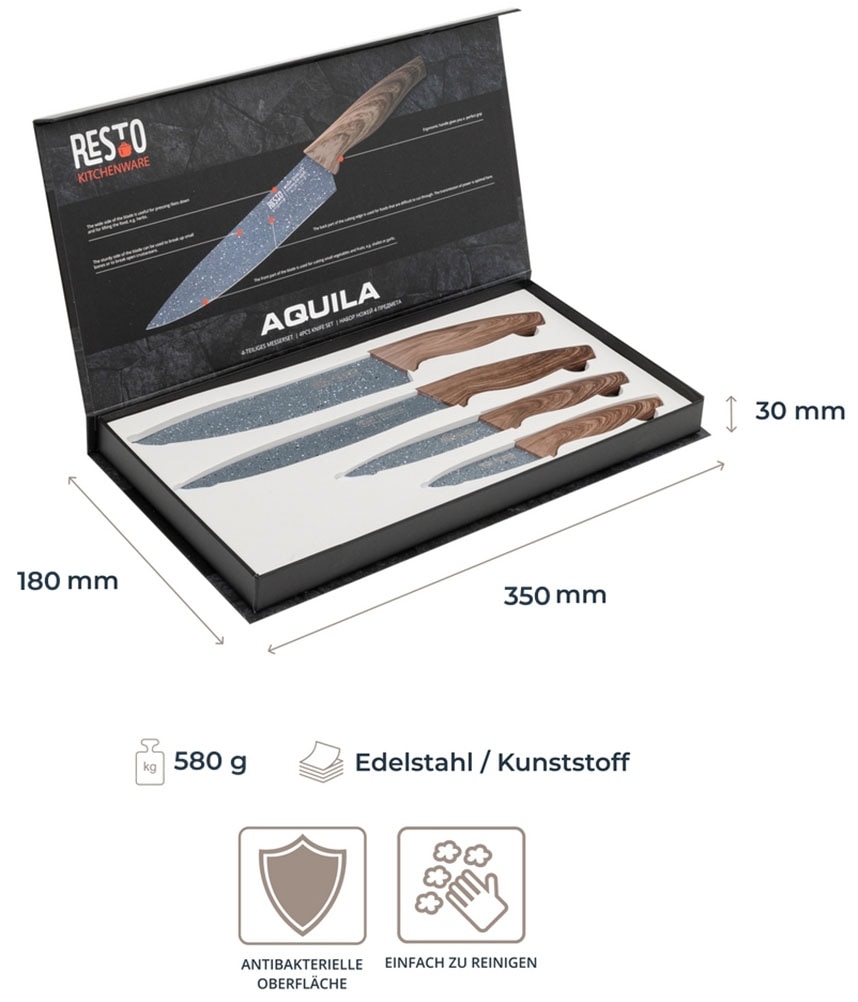 RESTO Kitchenware Messer-Set »Aquila, Edelstahlmesser 4-teilig in Magnet-Geschenkbox«, (Set, 4 tlg.), Kochmesser, Tranchiermesser, Universalmesser, Gemüsemesser