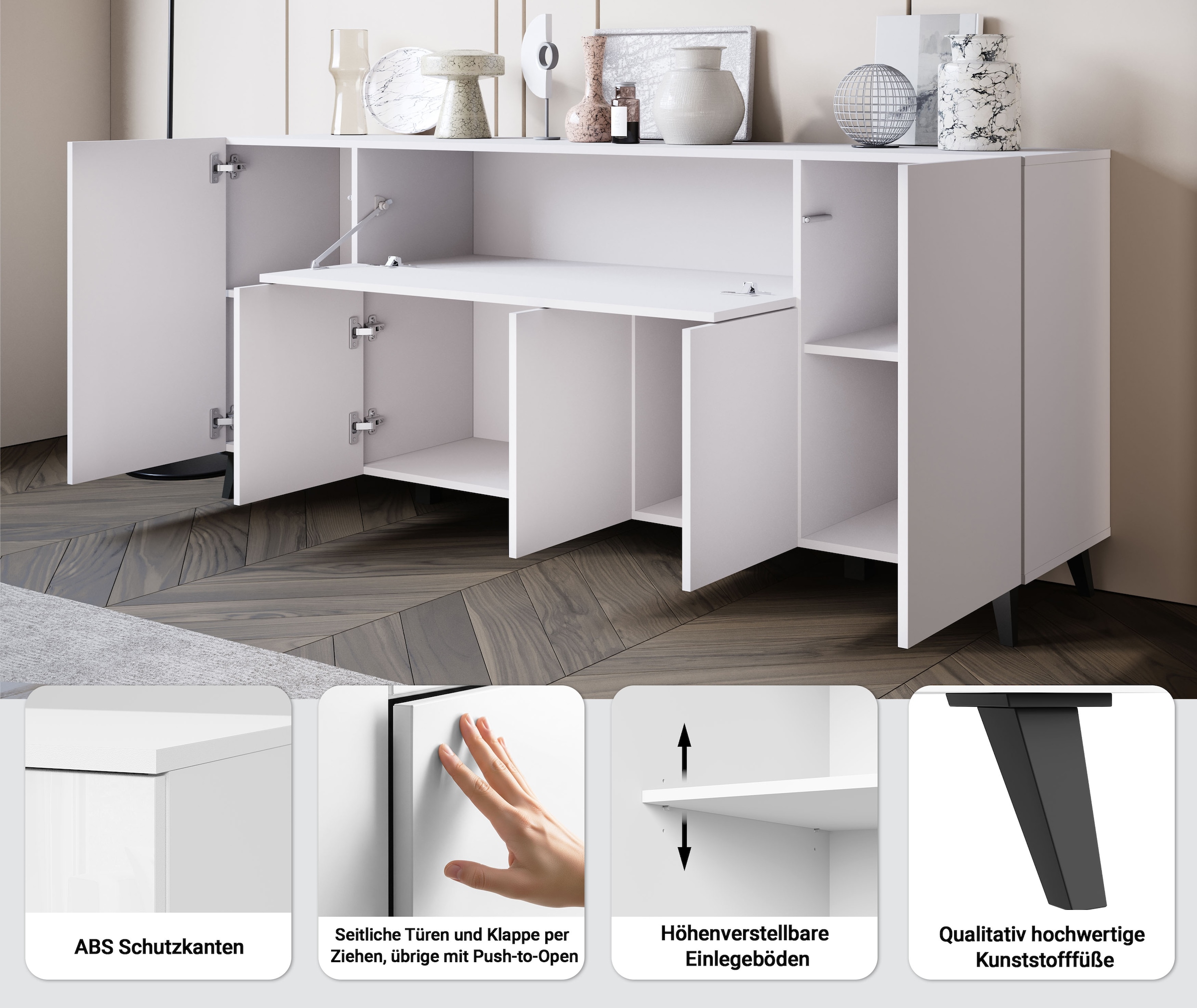 Home affaire Sideboard »SIDEBOARD PHUKET II, Stilvolle, grifflose kommode, Breite 180cm« Mit 5 Türen, 1 Klappe, 7 Fächern und höhenverstellbaren Einlegeböden