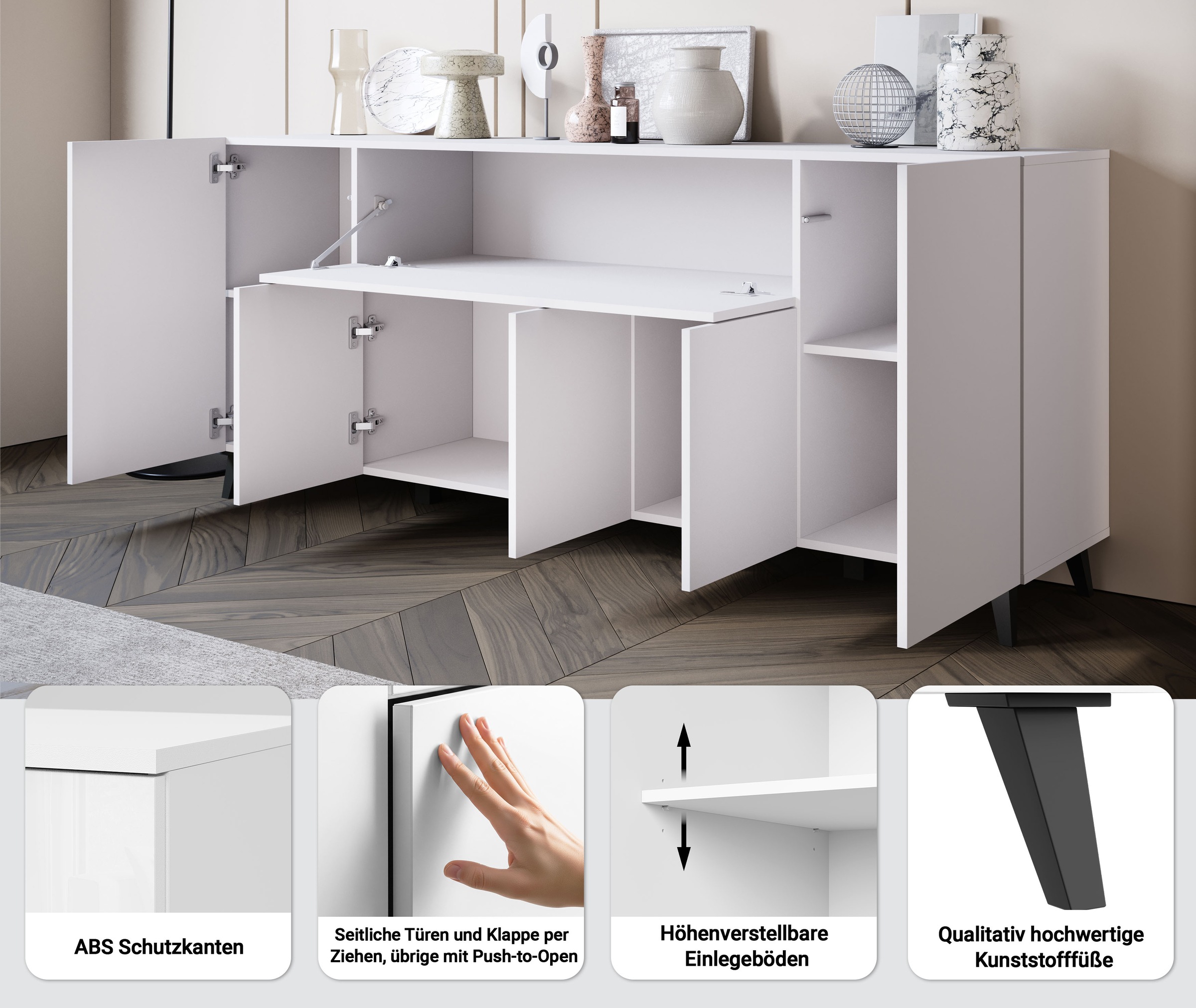 Thumbnail - Home affaire Sideboard "SIDEBOARD PHUKET II, Stilvolle, grifflose kommode, Breite 180cm" Mit 5 Türen, 1 Klappe, 7 Fächer...