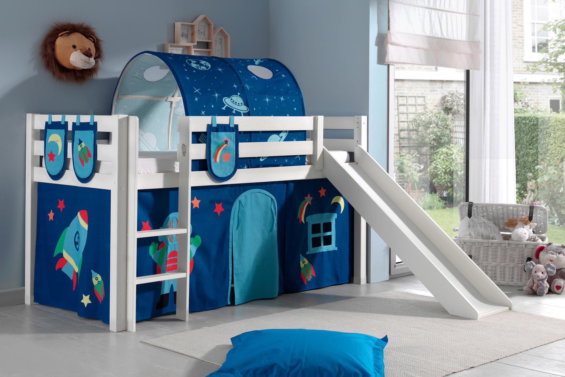 Vipack "Pino, Spielbett massiv Kiefer, stabil gebaut, 3 Korpusfarben zur Wahl" inkl. Rolllattenrost, Leiter und Absturzschutz, mit oder ohne Rutsche, Textil-Set "Astronaut", inkl. Vorhang, mit oder ohne Tunnel