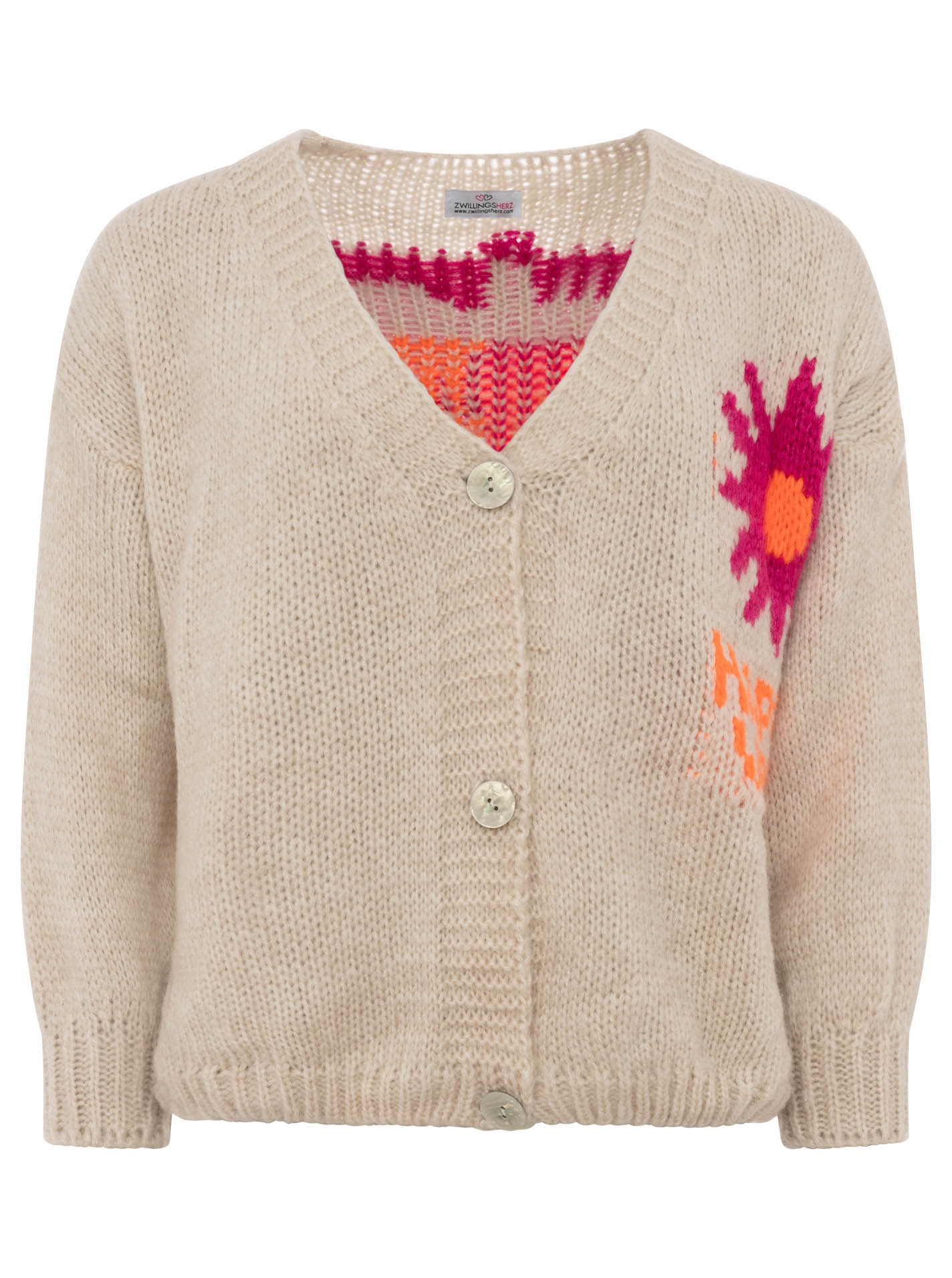 Zwillingsherz Cardigan »"Happy Vibes"« Knopfleiste, großes Motiv mit Blume und Schrift hinten, One Size