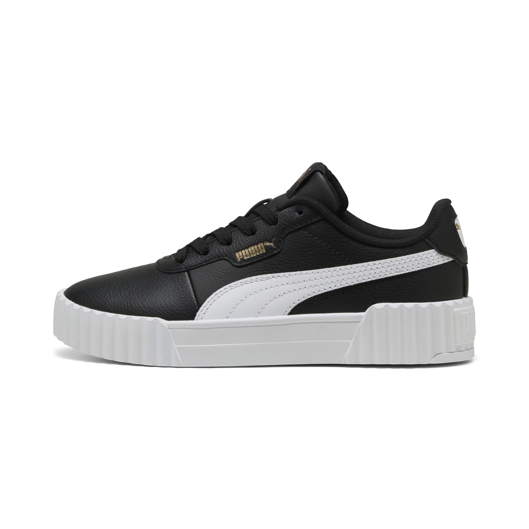 Sneaker PUMA "Carina 3.0 Sneakers Mädchen", Damen, Gr. 38,5, schwarz-weiß (schwarz, weiß gold), Obermaterial: Synthetik, Textil, Kuhleder, Leder; Futter: Textil; Innensohle: Textil, Keine Angabe; Laufsohle: Gummi, Schuhe Sneaker 2