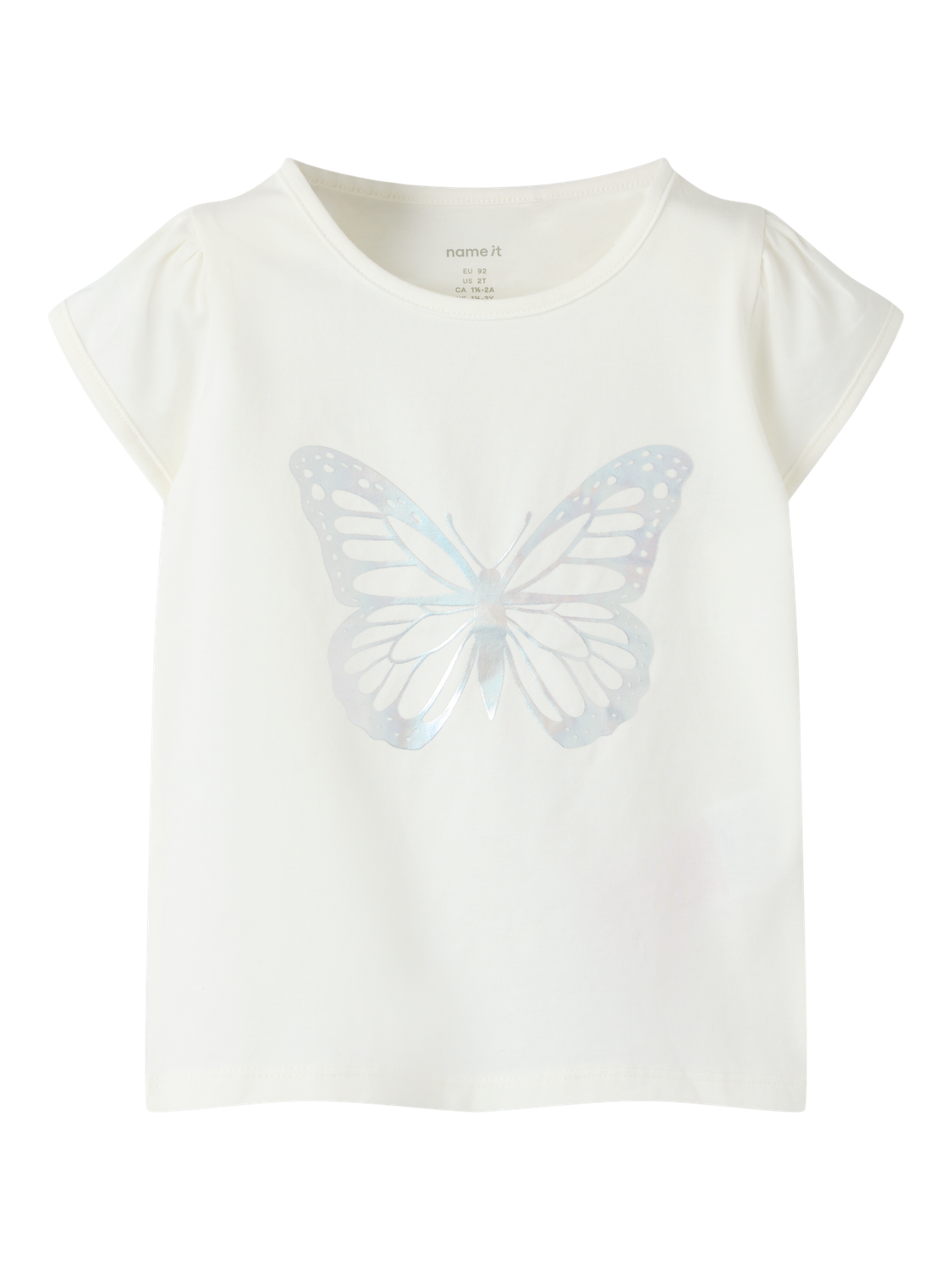 T-Shirt NAME IT "NMFFIPASA CAP SL TOP BOX", Mädchen, Gr. 104, cloud dancer, Jersey, Obermaterial: 95% Baumwolle, 5% Elasthan, bedruckt, unifarben, Basic normal, Rundhals, Shirts T-Shirt, mit sommerlichem Schmetterlings-Druck