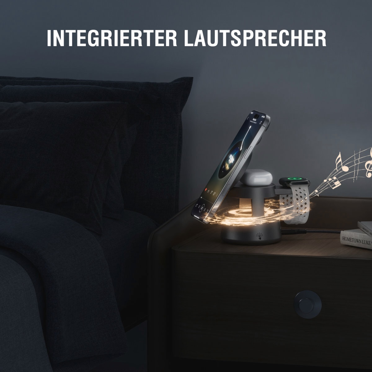 4smarts Ladestation »Aura Sound magnetischer Qi2 Charging Stand mit Lautsprecher«, inklusive UltiMag-Ring