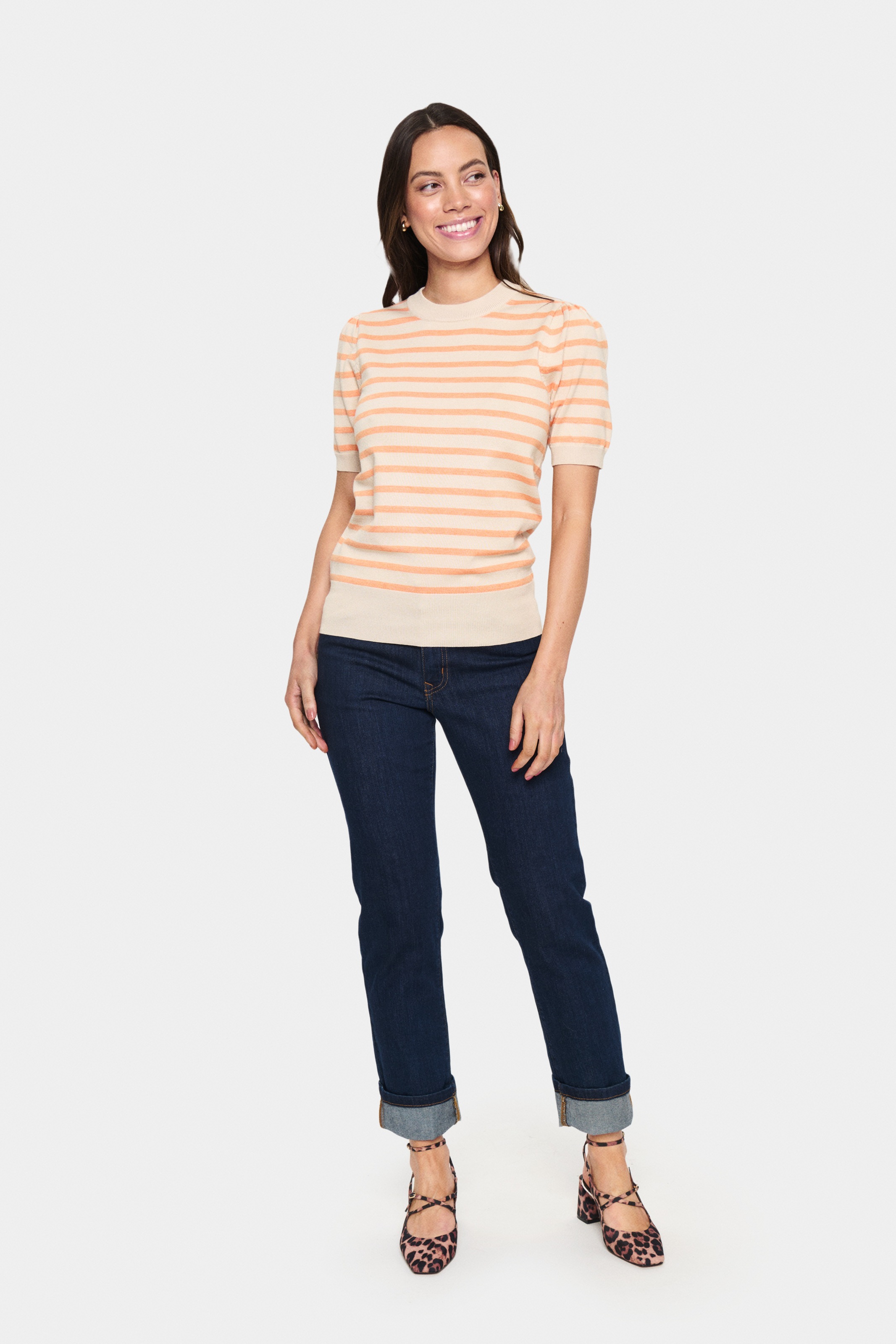 Saint Tropez MilaSZ Short Sleeve Knit Pullover Fog Orange Stripe Size L 3