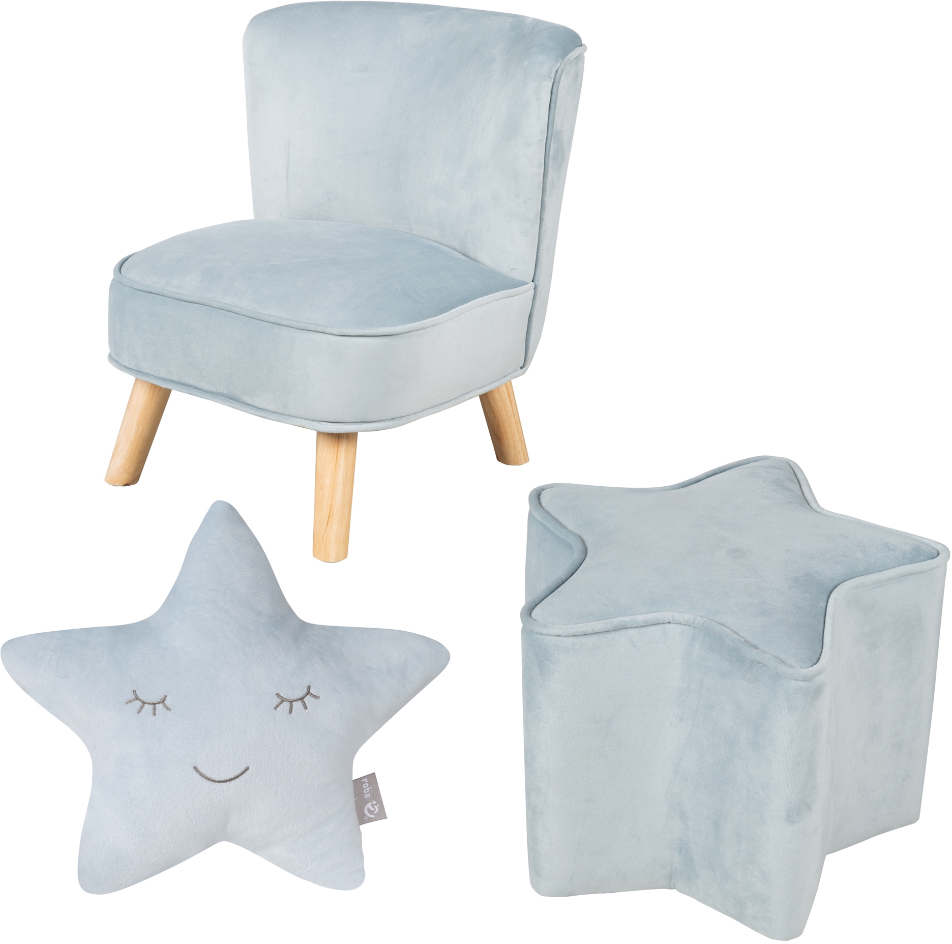 ROBA Kinder Kindersitzgruppe "Lil Sofa", Samt, blau, Sitzmöbel-Sets, bestehend aus Kindersessel, Kinderhocker und Dekokissen in Sternform