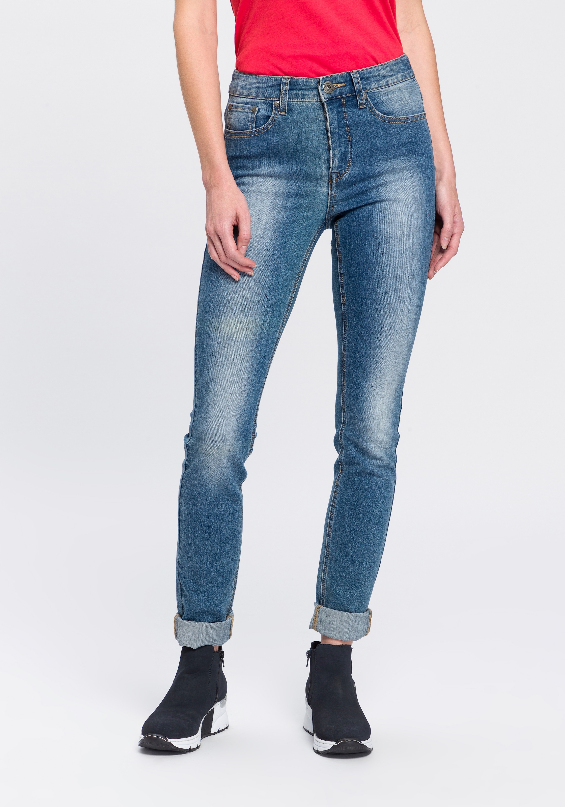 Arizona Slim-fit-Jeans "Shaping", enge Passform, Röhrenjeans, Used-Look-Waschung, hohe Leibhöhe