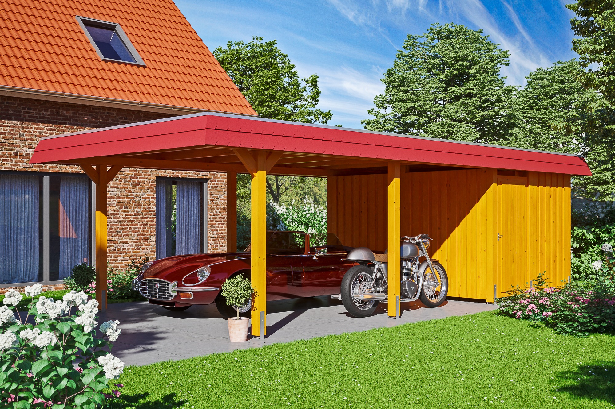 Skanholz Einzelcarport »Wendland«, Leimholz-Fichte, 341 cm, Eiche hell, mit Abstellraum mit Aluminiumdach, rote Blende