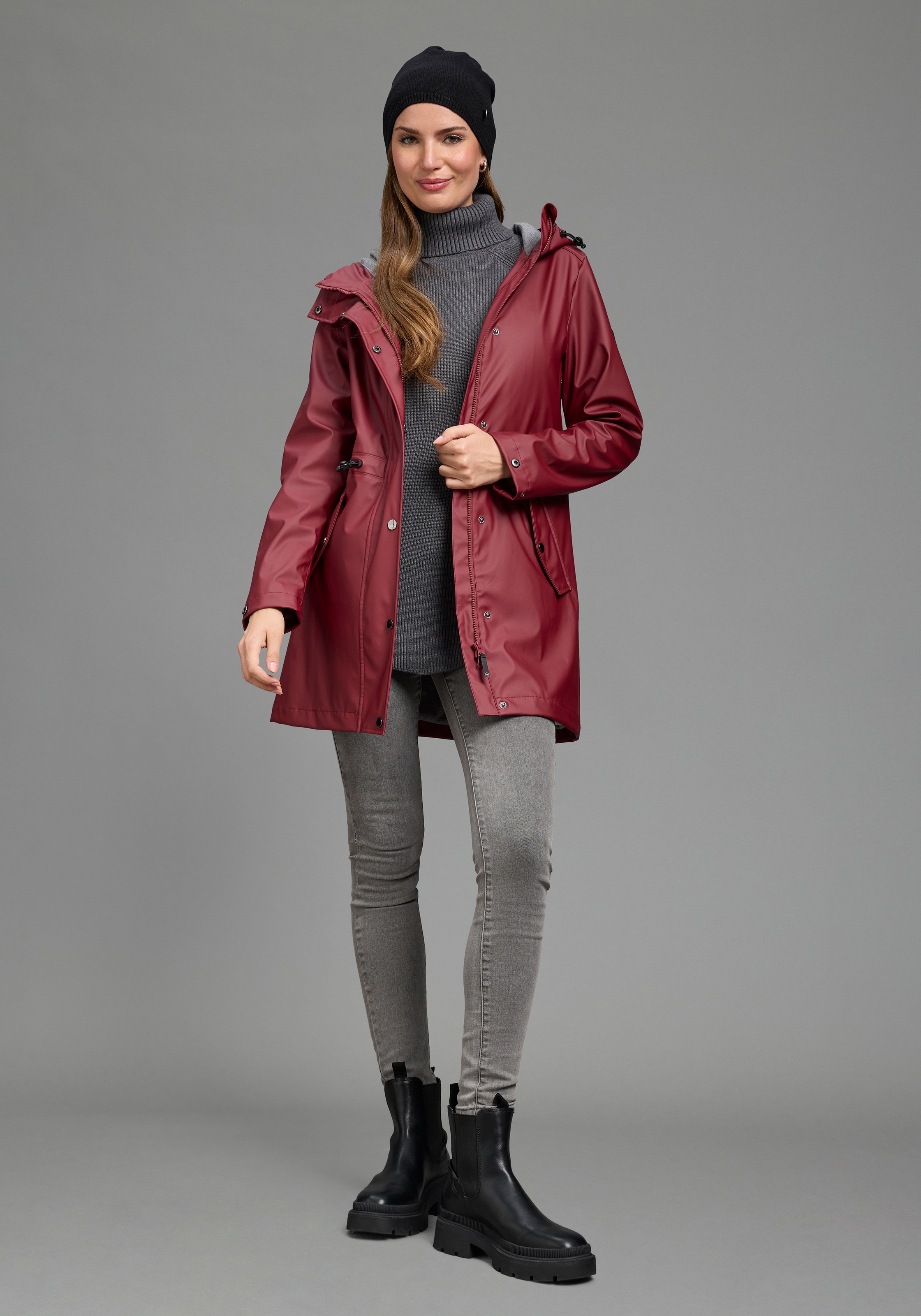 Polarino Regenjacke mit Kapuze mit 2-Wege-Reißverschluss, po-bedeckend, figurumspielend, unifarben
