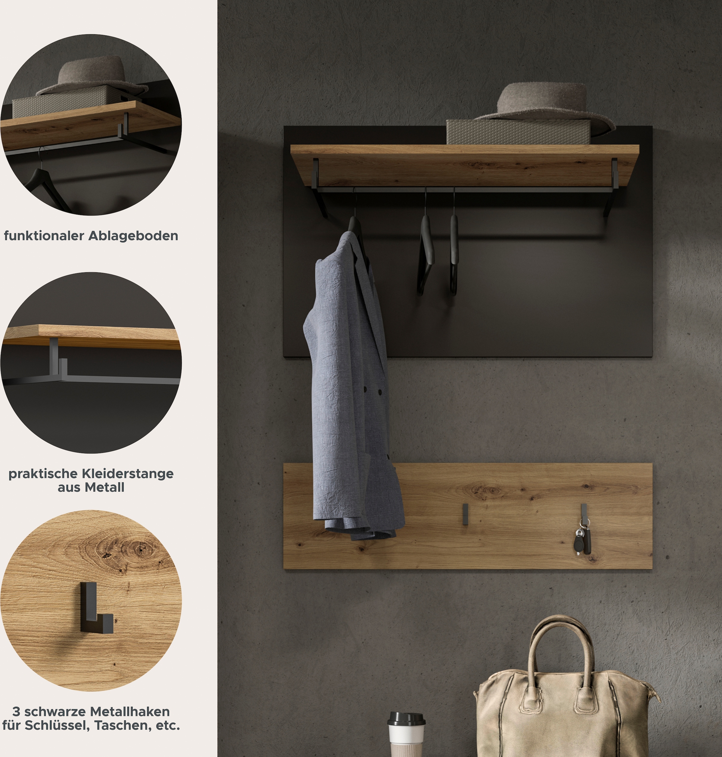INOSIGN Garderobenpaneel »REHAT, TOPSELLER!, 2-teilig, bestehend aus: Paneel & Hakenleiste«, Wandgarderobe, Paneel