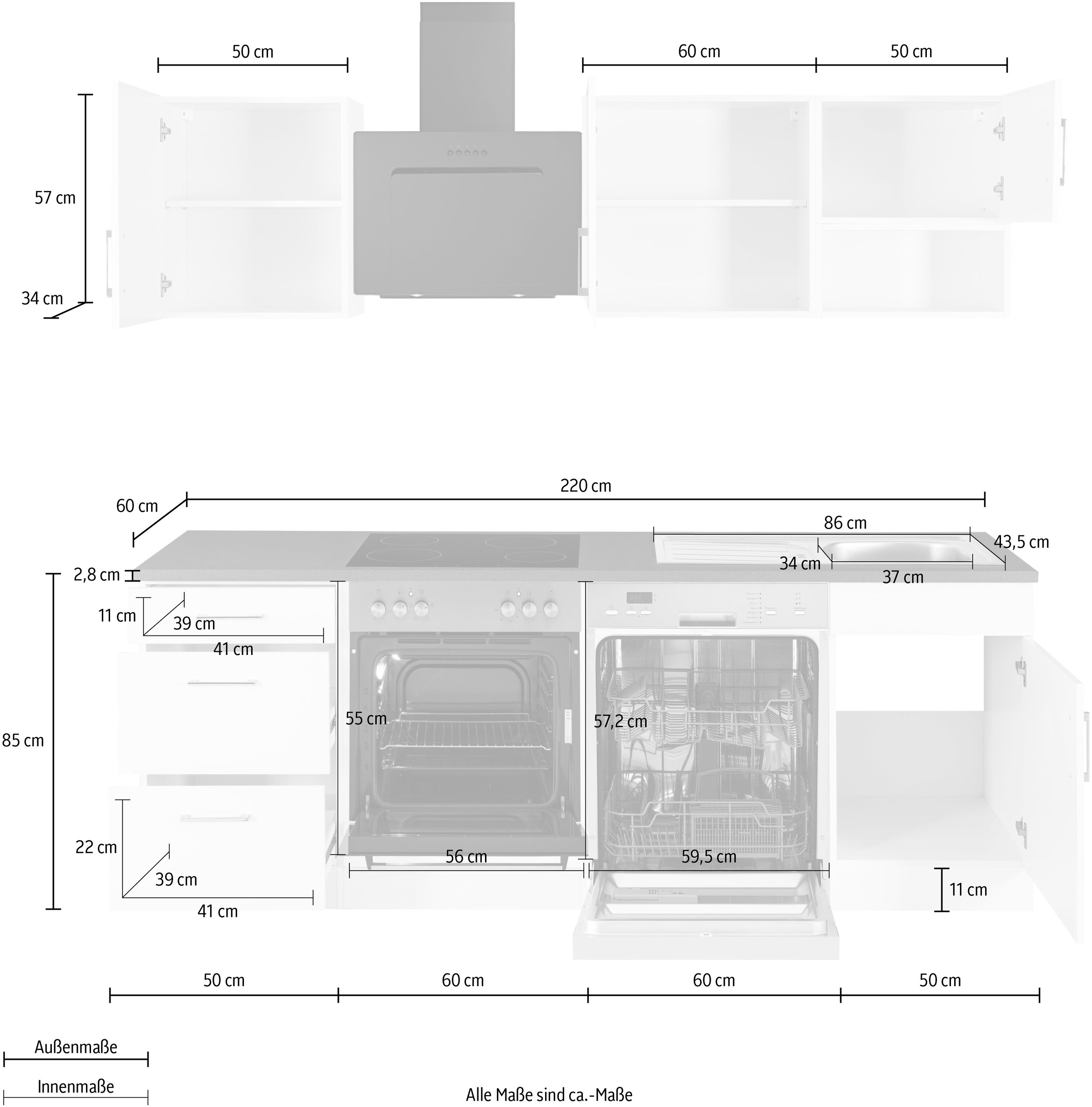 KOCHSTATION Küchenzeile »KS-Haiti«, mit E-Geräten, Breite 220 cm
