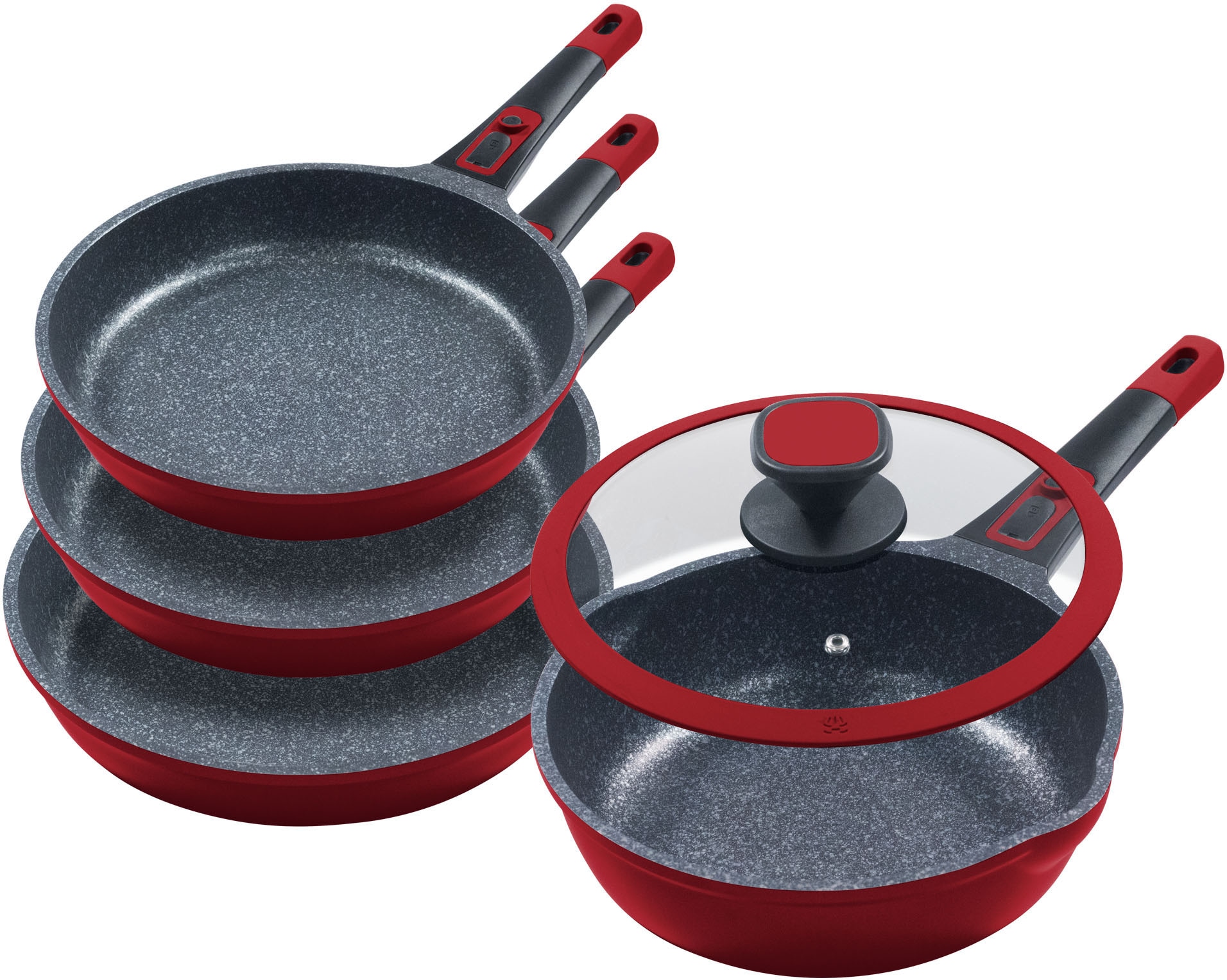 KING Pfannen-Set "Moonscape" Aluminiumguss Set, je 1 Pfanne Ø 20/24/28/24 cm, H: 4,5/5/5,5/7,5 cm, - 1/1,9/2,5/2,8 l, 5 Stk. tlg. abnehmbarer Griff, MOONSCAPE-Beschichtung, Induktion
