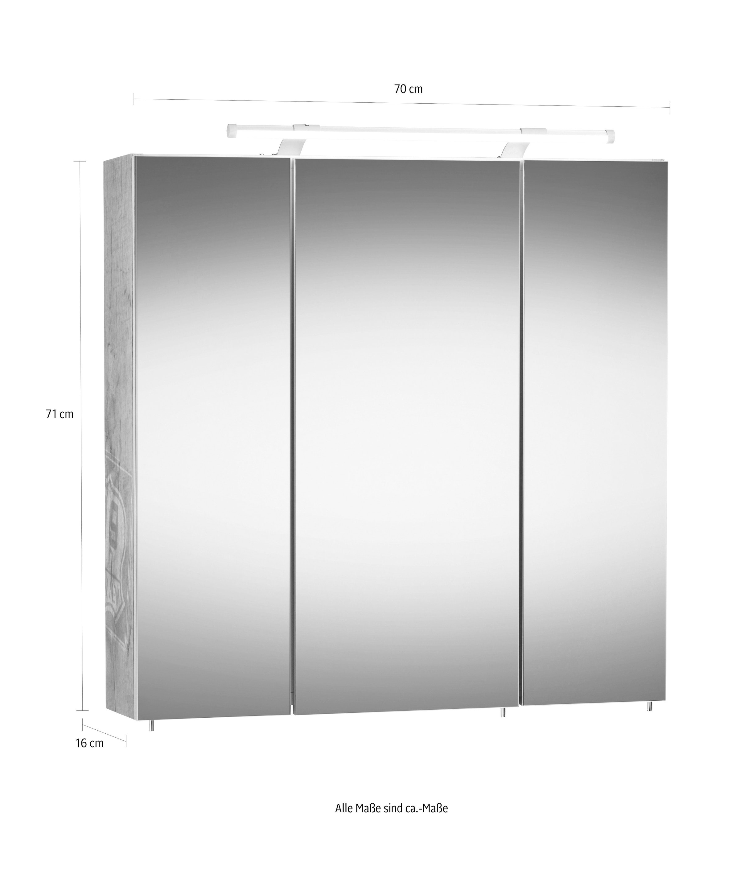 Schildmeyer Spiegelschrank »Dorina, mit höhenverstellbaren Glasböden made in Germany«, Breite 70 cm, 3-türig, LED-Beleuchtung, Schalter-/Steckdosenbox