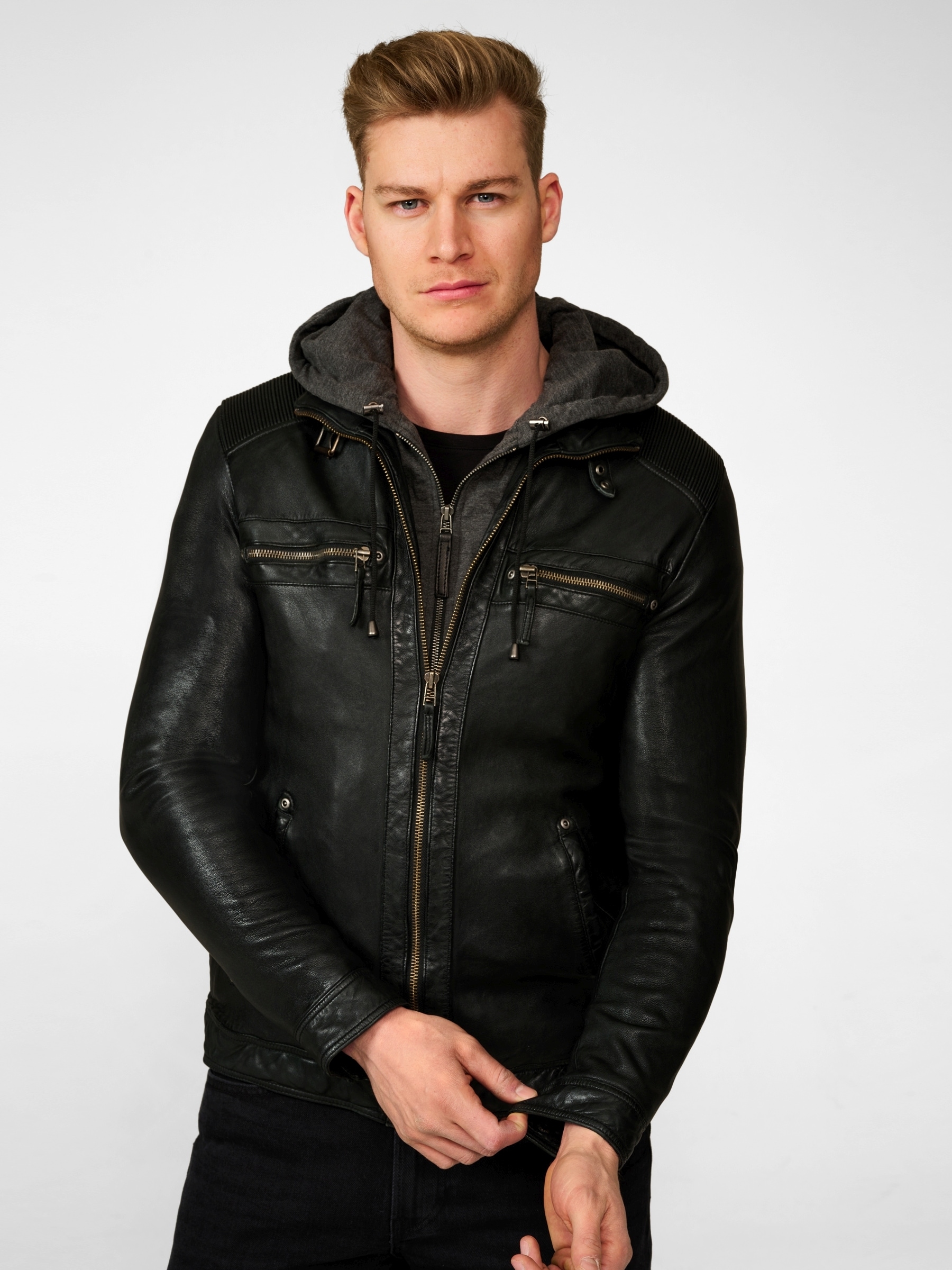 RICANO Bikerjacke »Lederjacke Nate« Abnehmbare Kapuze Handgefertigt aus echtem Leder