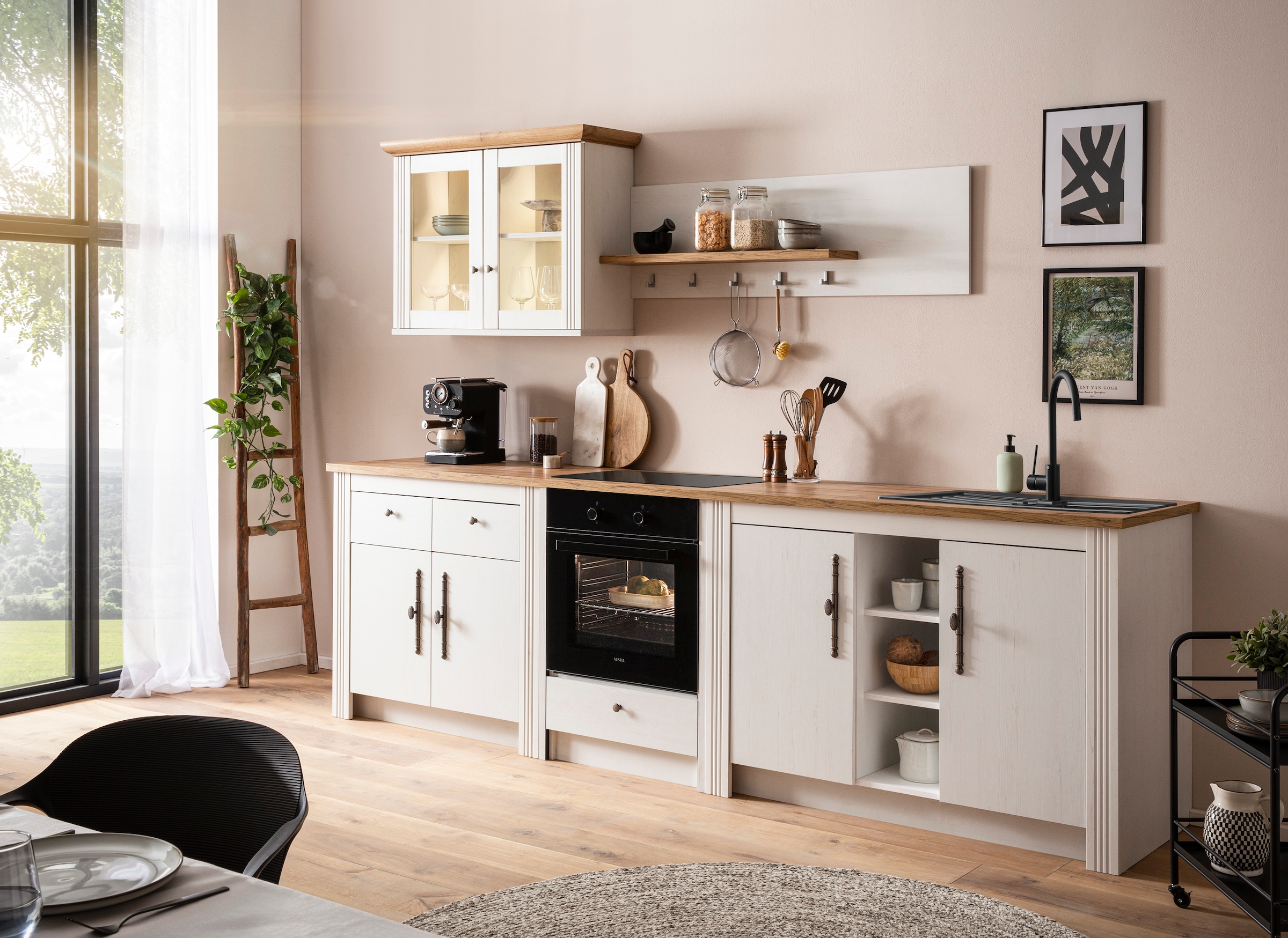 KOCHSTATION Küchenzeile »KS-Westminster, Pantryküche im Landhaus Stil, hochwertige Metallgriffe«, (Set), Breite 294 cm, Kommoden, Wandpaneel, Hängeschrank, Herdumbau