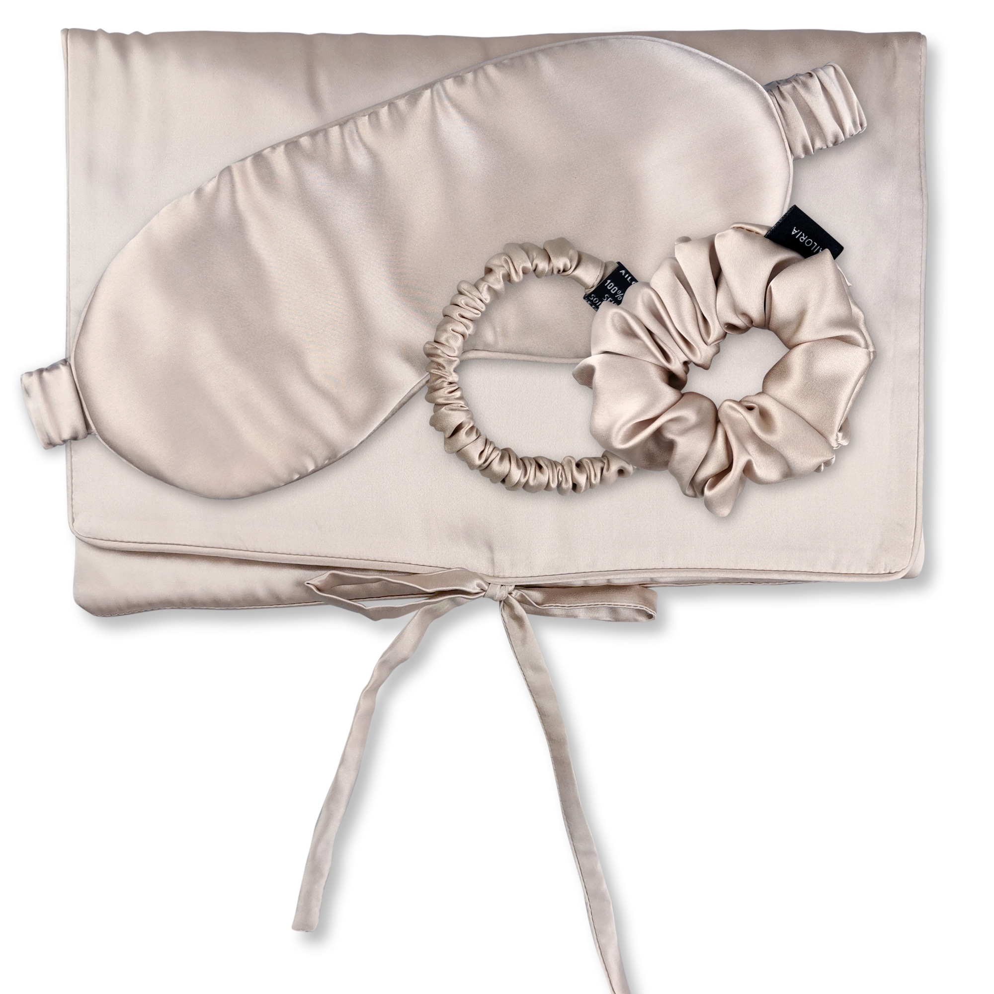 AILORIA Seidentuch "Tasche, Schlafmaske, Scrunchie S & Scrunchie M TRAVEL SET"