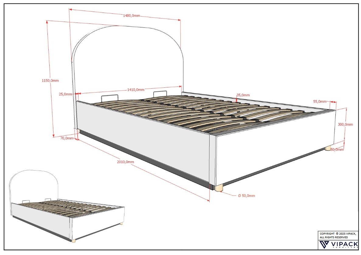 Vipack Boxbett »Moon, mit Lattenrost und Stauraum, modernes Design«, (gerundetes Kopfteil und in 2 Breiten erhältlich), inkl. Massivholz Füßen in natur, 3 Stoff Farben zur Auswahl