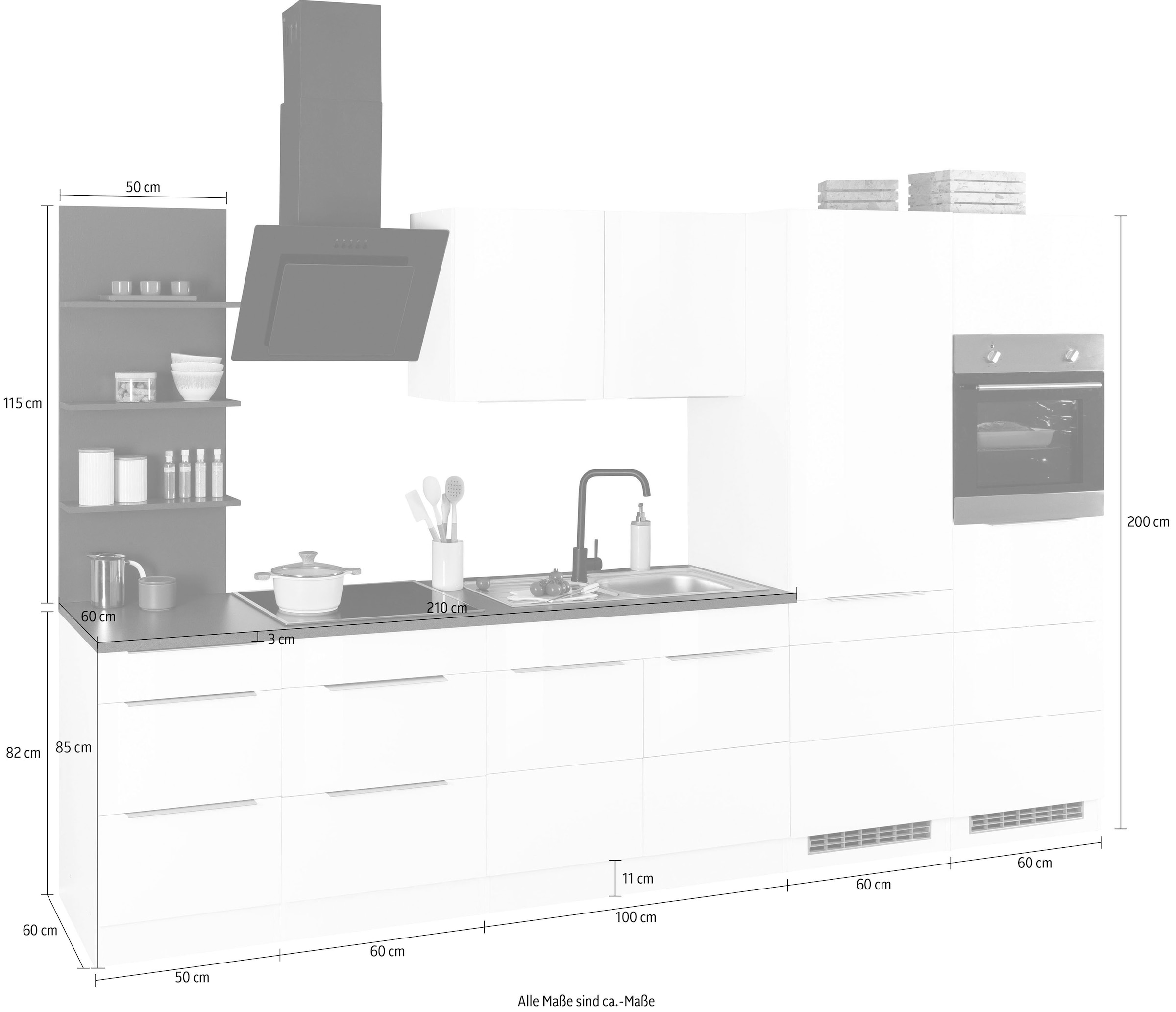 KOCHSTATION Küchenzeile »KS-Brindisi Breite 330 cm« wahlweise mit E-Geräten und Induktion, mit MDF-Fronten und Regal