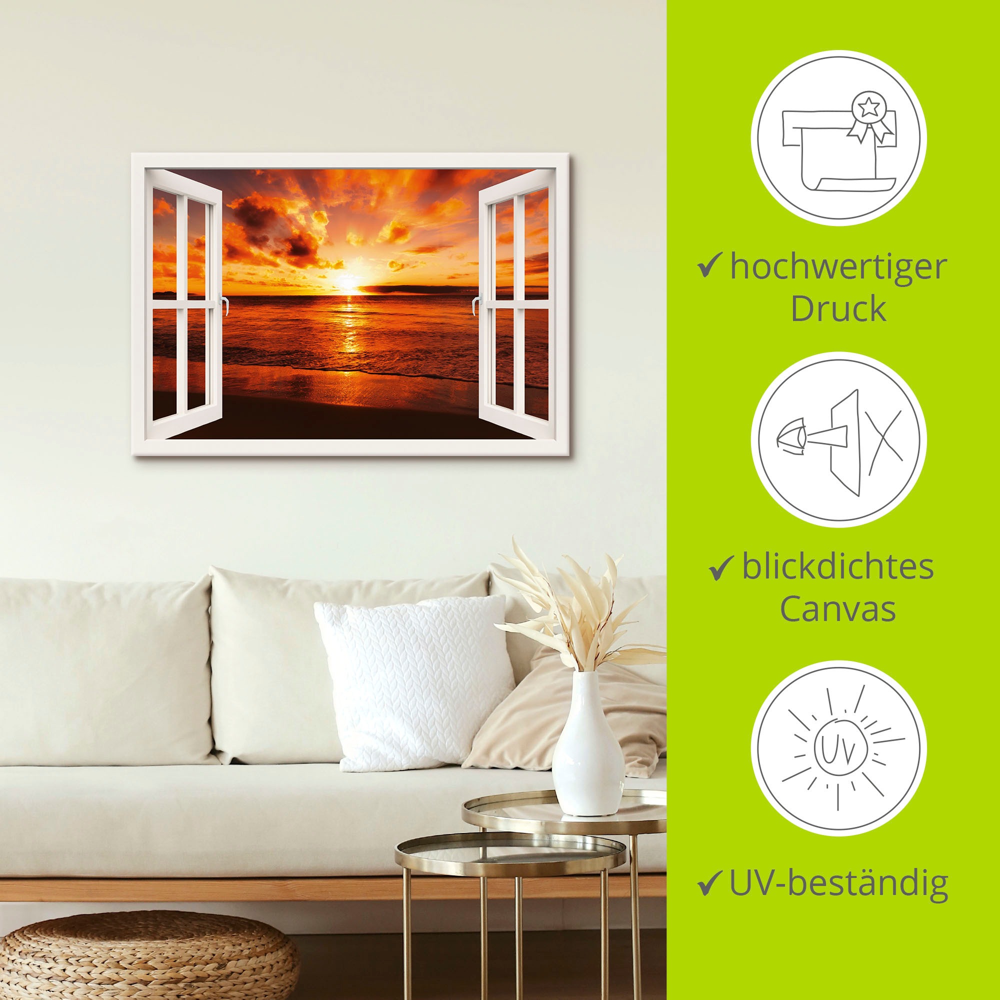 Artland Wandbild »Fensterblick Sonnenuntergang am Strand«, Fensterblick, (1 St.), als Leinwandbild, Poster in verschied. Größen