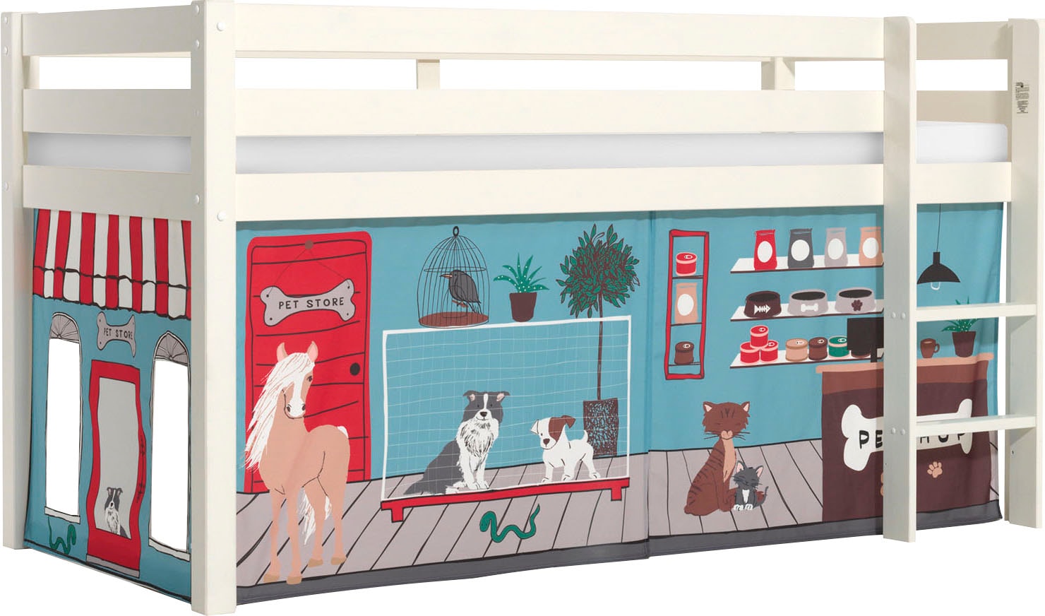 Vipack Spielbett "Pino, Kiefer massiv, mit Rolllattenrost u. Textil-Set, Made in Europe" B/H/T ca. 210x114x106cm, mit Leiter und Absturzschutz, verschiedene Textil Dessins, 3 Gestellfarben zur Wahl