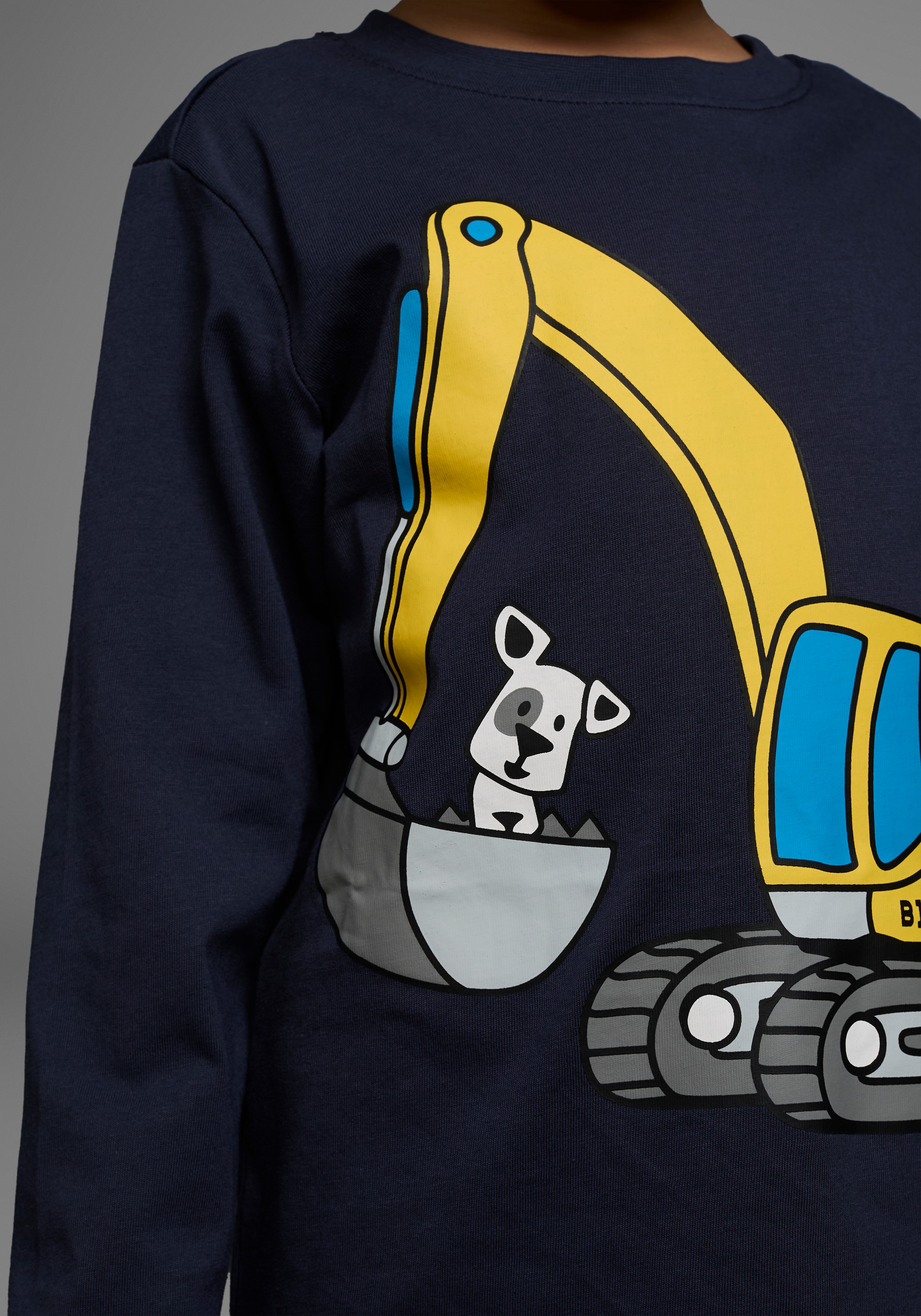 Thumbnail - KIDSWORLD Langarmshirt "HUND MIT BAGGER" Langarm, Basic-Passform, mit stylischem Druck, Rundhalsausschnitt