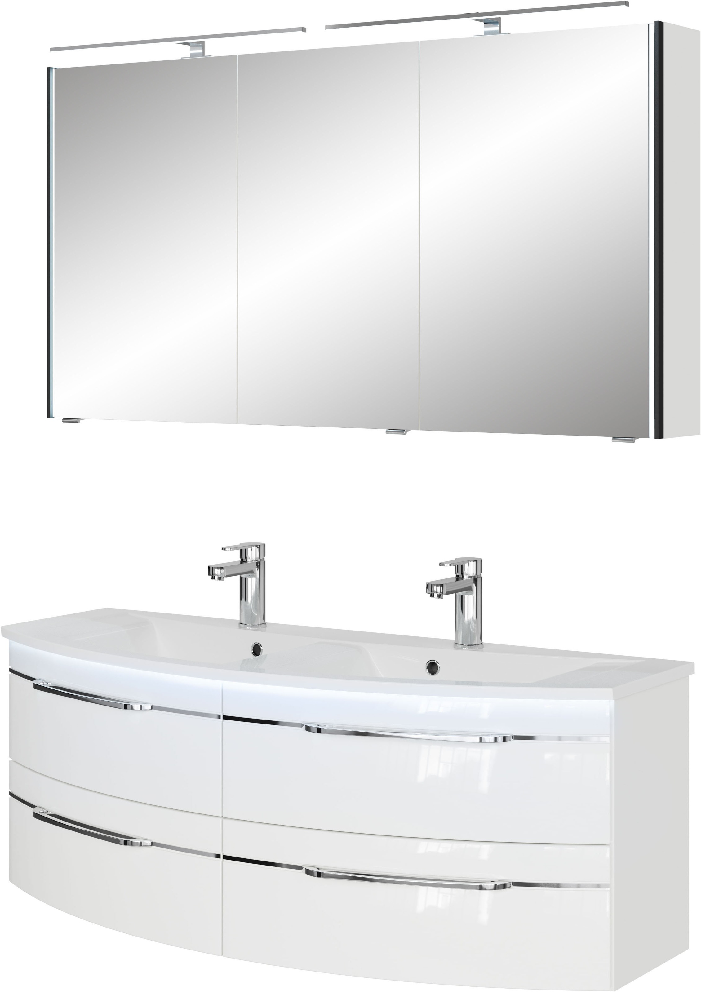 Saphir Badmöbel-Set »Badezimmer-Set 133,2 cm breit, inkl. Türdämpfer, 3 Türen, 4 Schubladen«, (Set, 2 St.), Serie 7045 2-teilig Mineralmarmor-Doppelwaschtisch, LED-Spiegelschrank