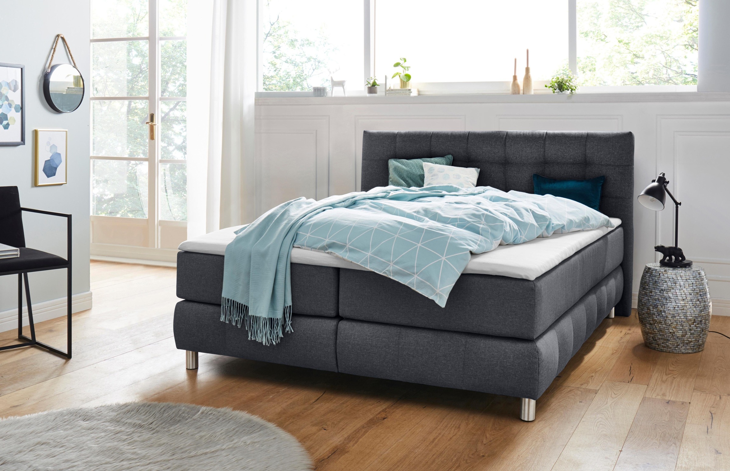 Boxspringbett HOME AFFAIRE "Salo XXL", grau (anthrazit), B:174cm L:231cm, Komplettbetten, Boxspringbett, in Samtoptik oder Struktur, 6 Breiten in Überlänge 220cm, 4 Härtegrade 6