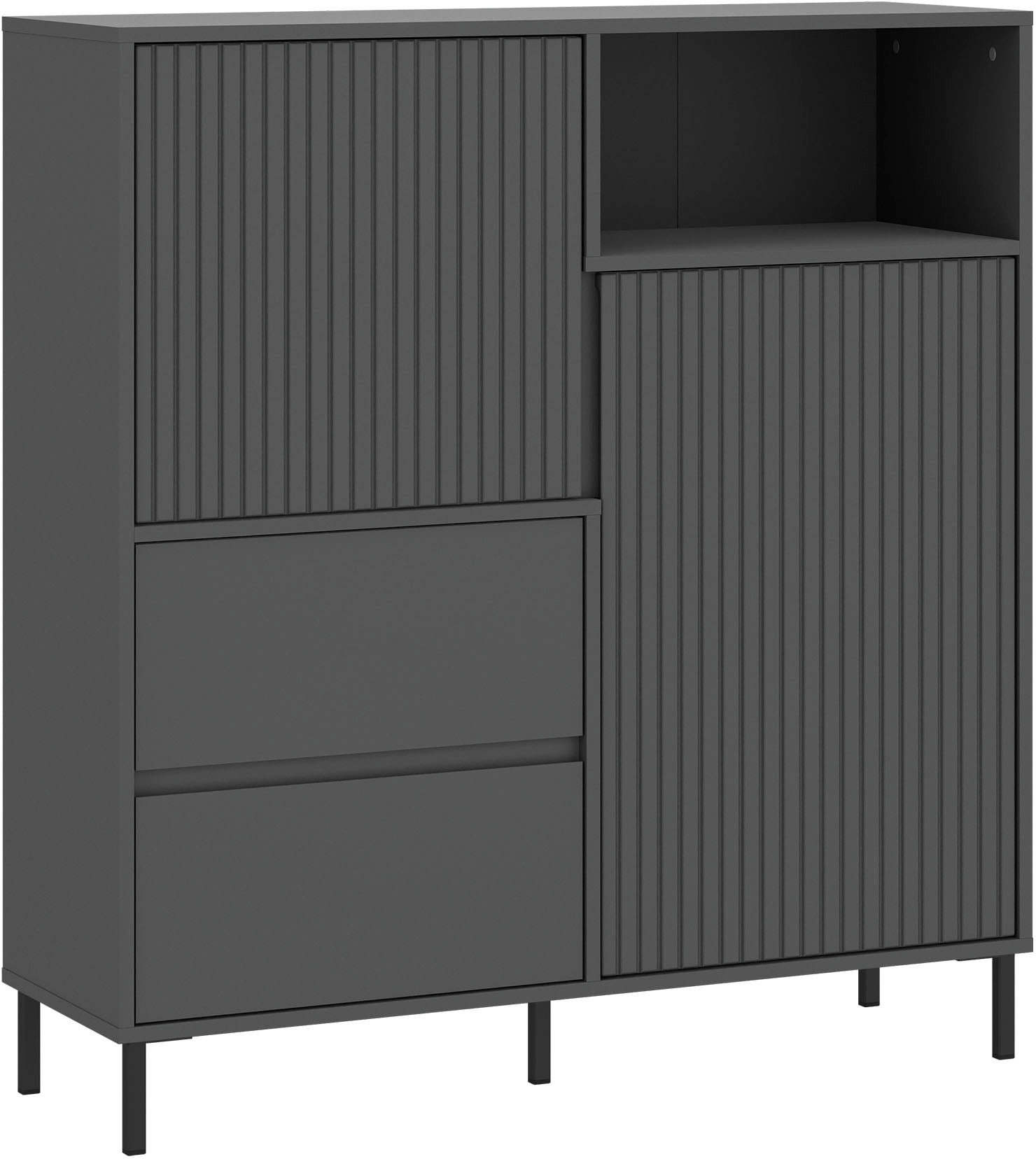 Home affaire Highboard "viel Stauraum, Soft Close, 2 Türen und 2 Schubkasten" mit Metallfüßen, Höhe 105 cm, grifflos, Fronten geriffelt