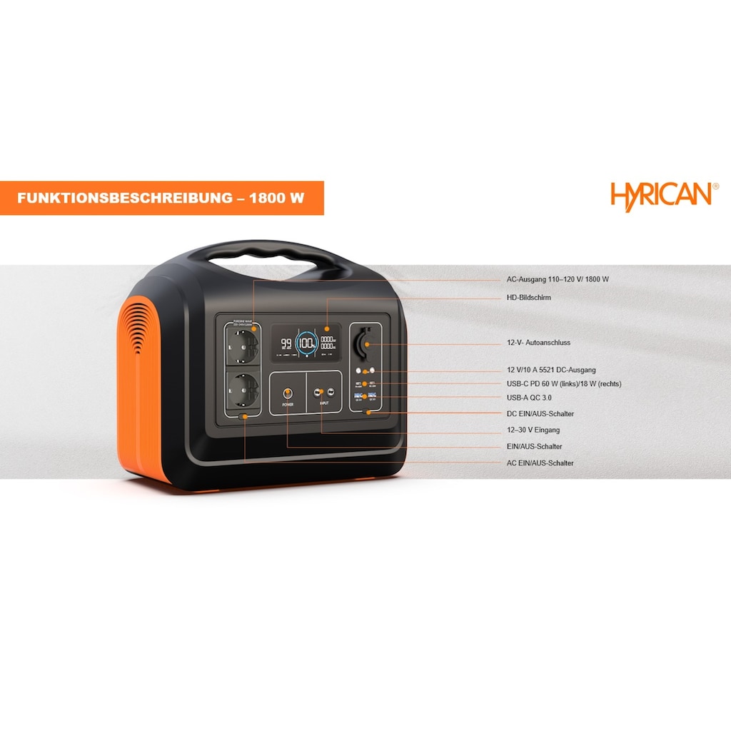 Hyrican Powerstation »UPP-1800 Kit 1800Watt, 1488 Wh, LiFePO4, tragbarer Akku/Batterie«, 465000 mAh