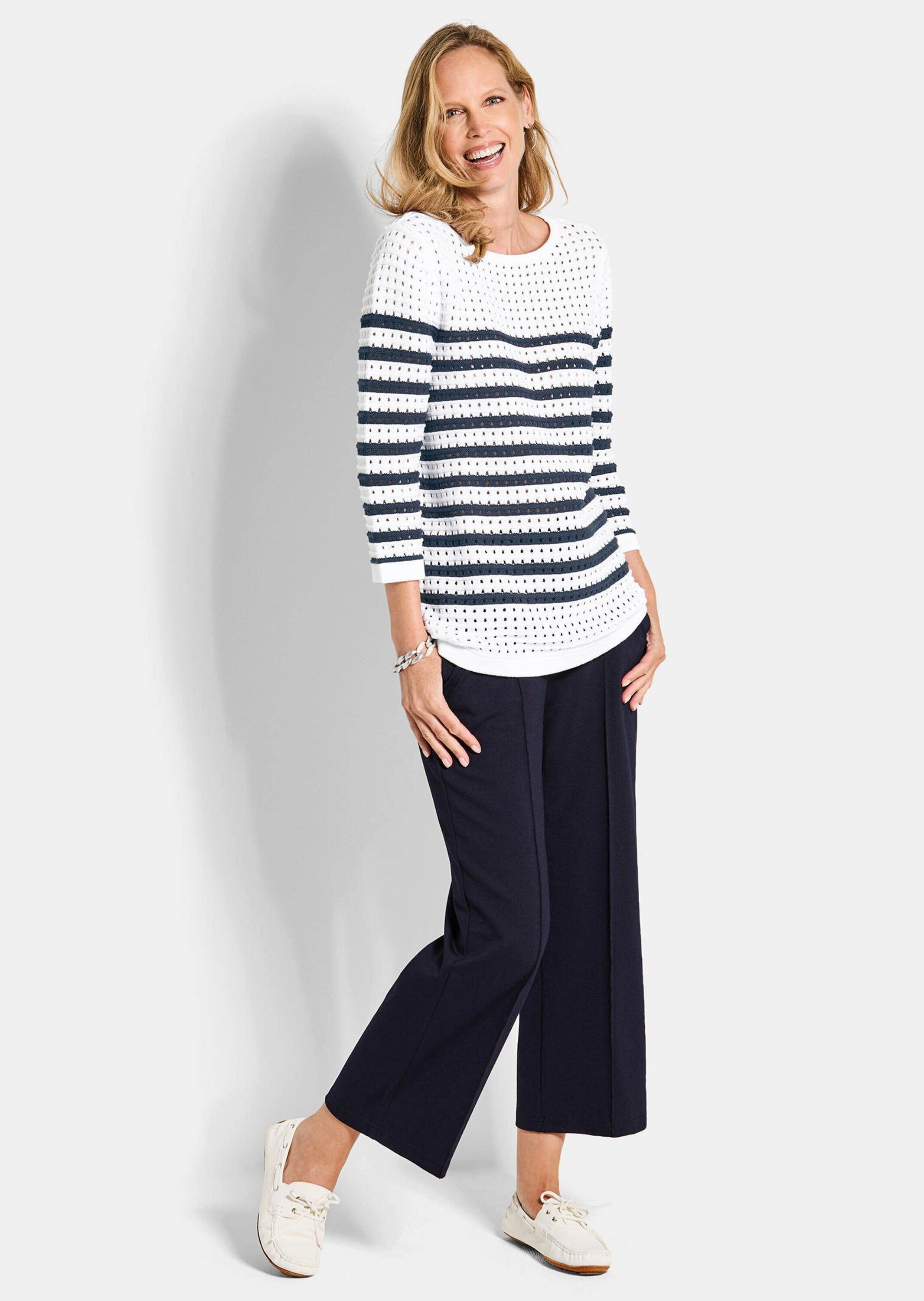 GOLDNER Rundhalspullover "Ajourpullover mit Streifenmuster" modisches Lochm günstig online kaufen