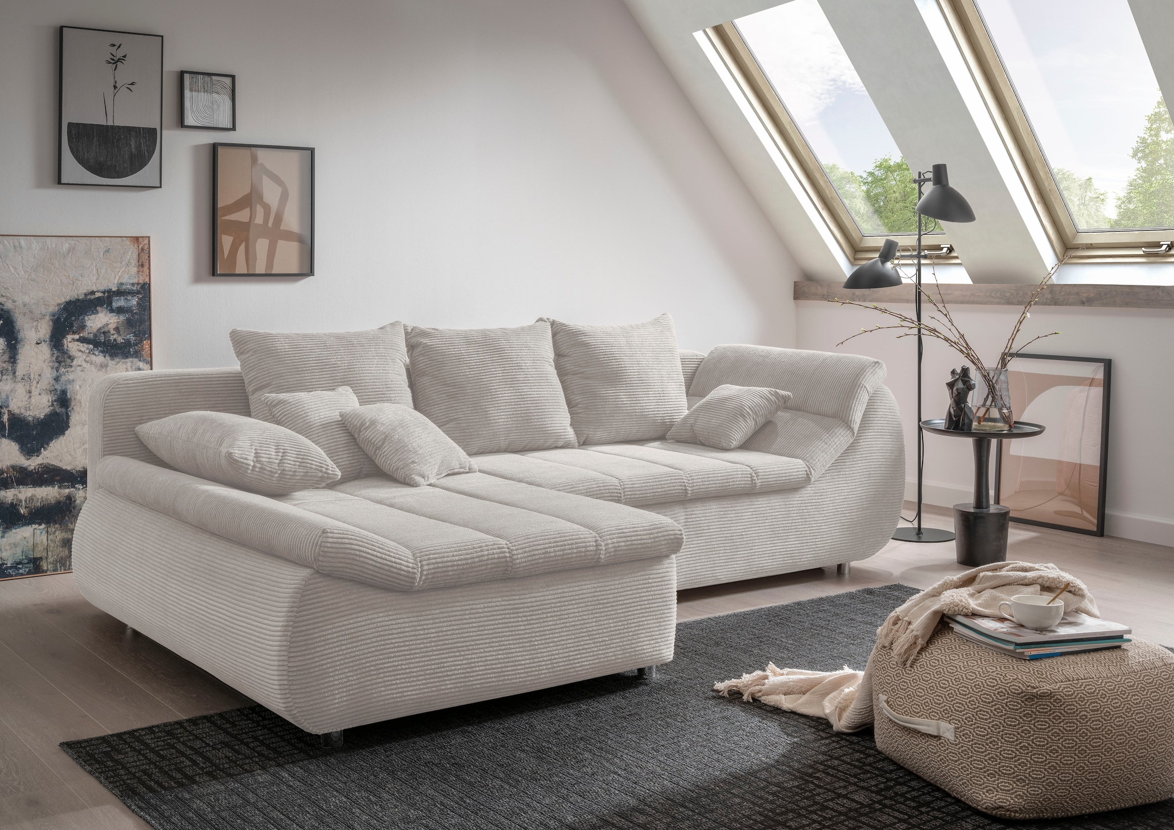 Ecksofa HOME AFFAIRE "Imola, bequem, aktuelle Steppung im Sitz, L-Form, Breite 270cm", silber, B:270cm H:90cm T:170cm, Microfaser PRIMABELLE (100% Polyester) / Struktur (82% Polyester, 9% Viscose, 7% Baumwolle, 2% Nylon);Kunstleder SOFTLUX / Struktur (82% 10