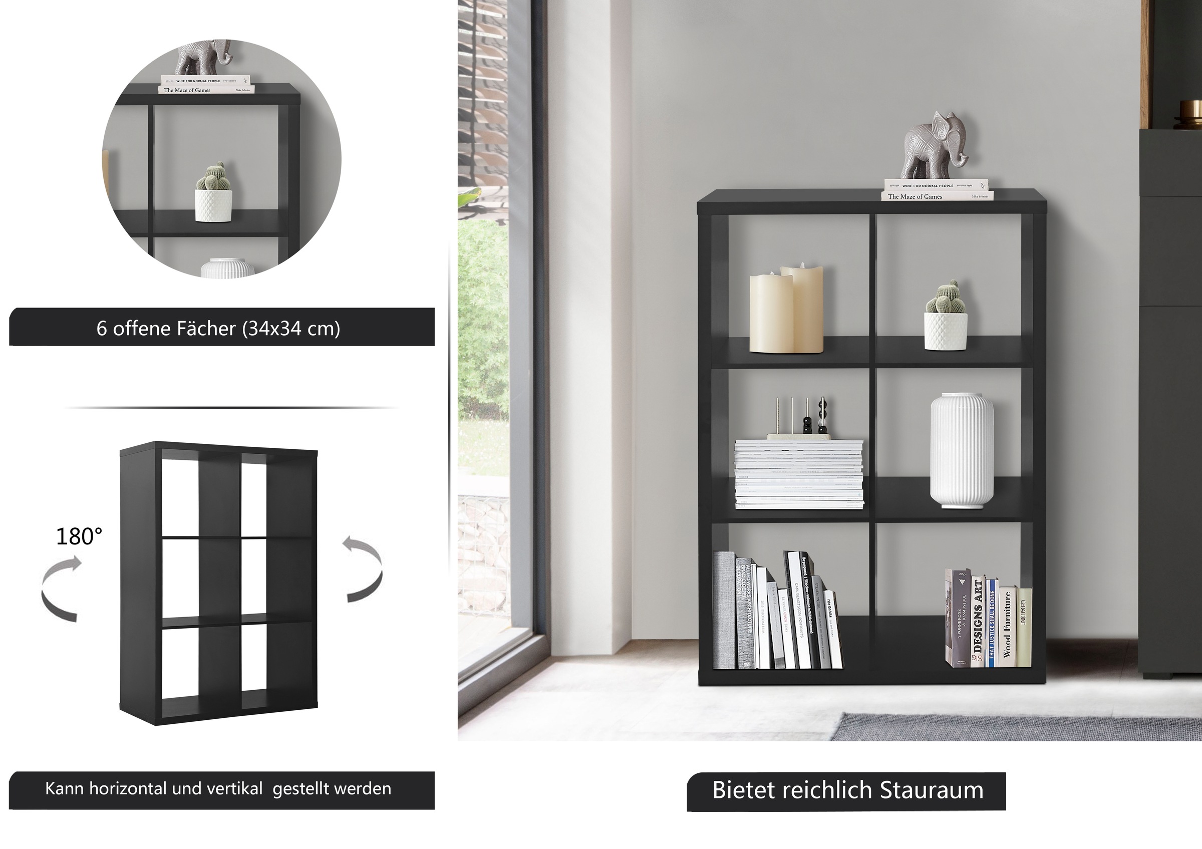 INOSIGN Bücherregal »IZOLA, Raumteiler, Aktenregal, Würfelregal,«, mit 6 oder 8 Fächern, quer und hoch stellbar, (B/T) 76x37 cm